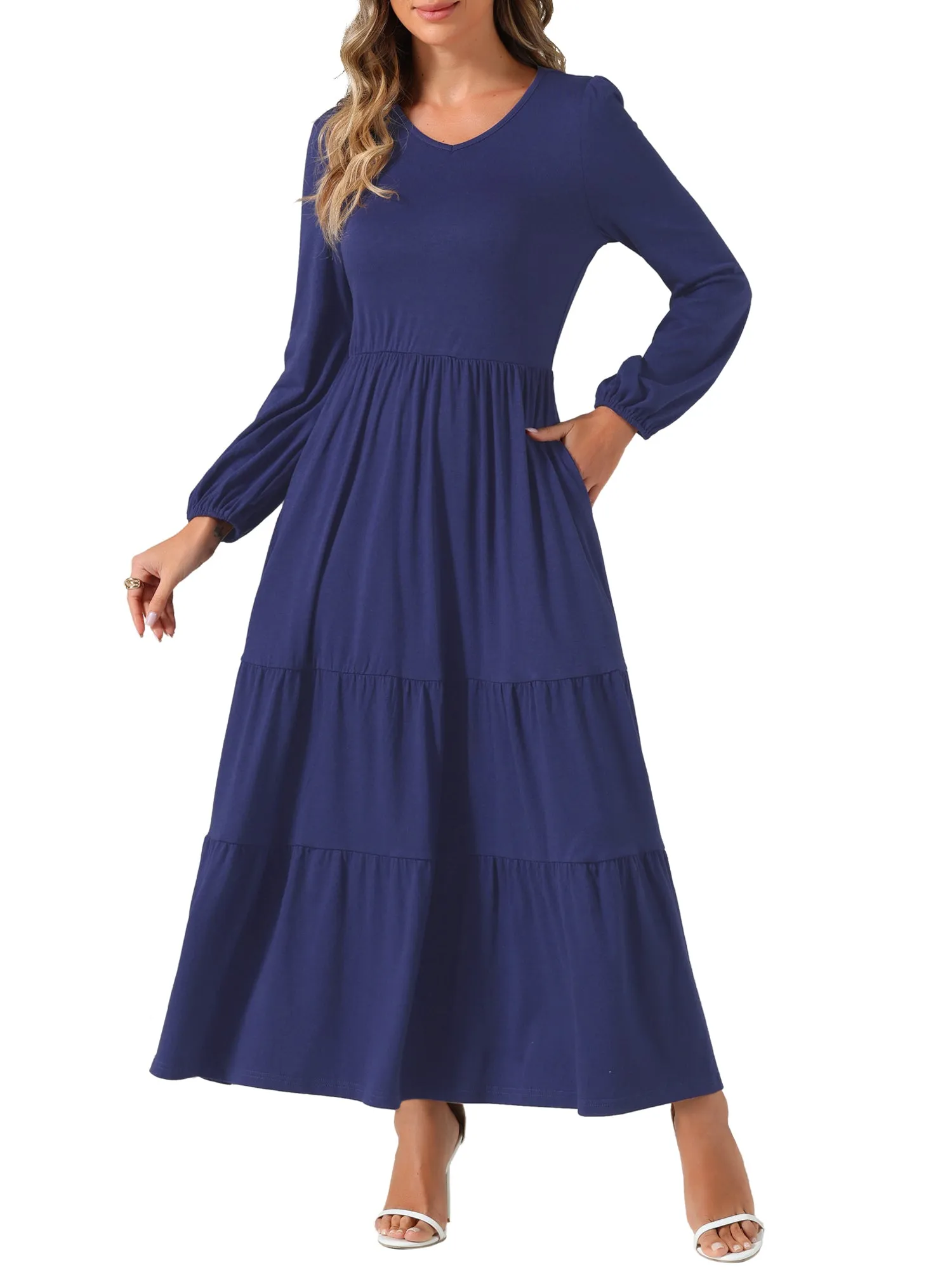 Crew Neck Long Sleeve Pockets Tiered A-Line Maxi Dress sold by Allegra K product image thumbnail 5