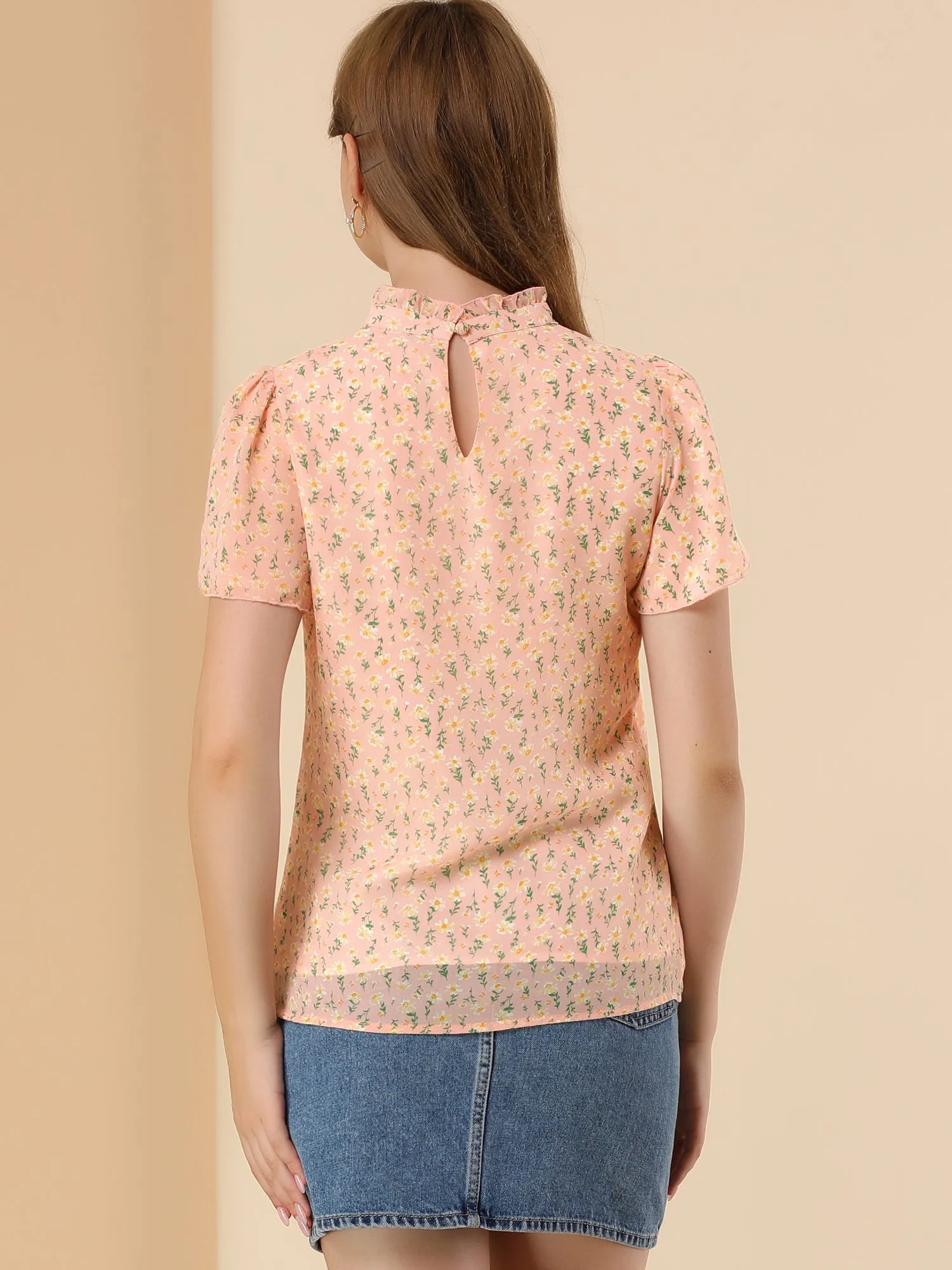 Floral Keyhole Back Ruffle Neck Chiffon Blouse Tops sold by Allegra K product image thumbnail 5