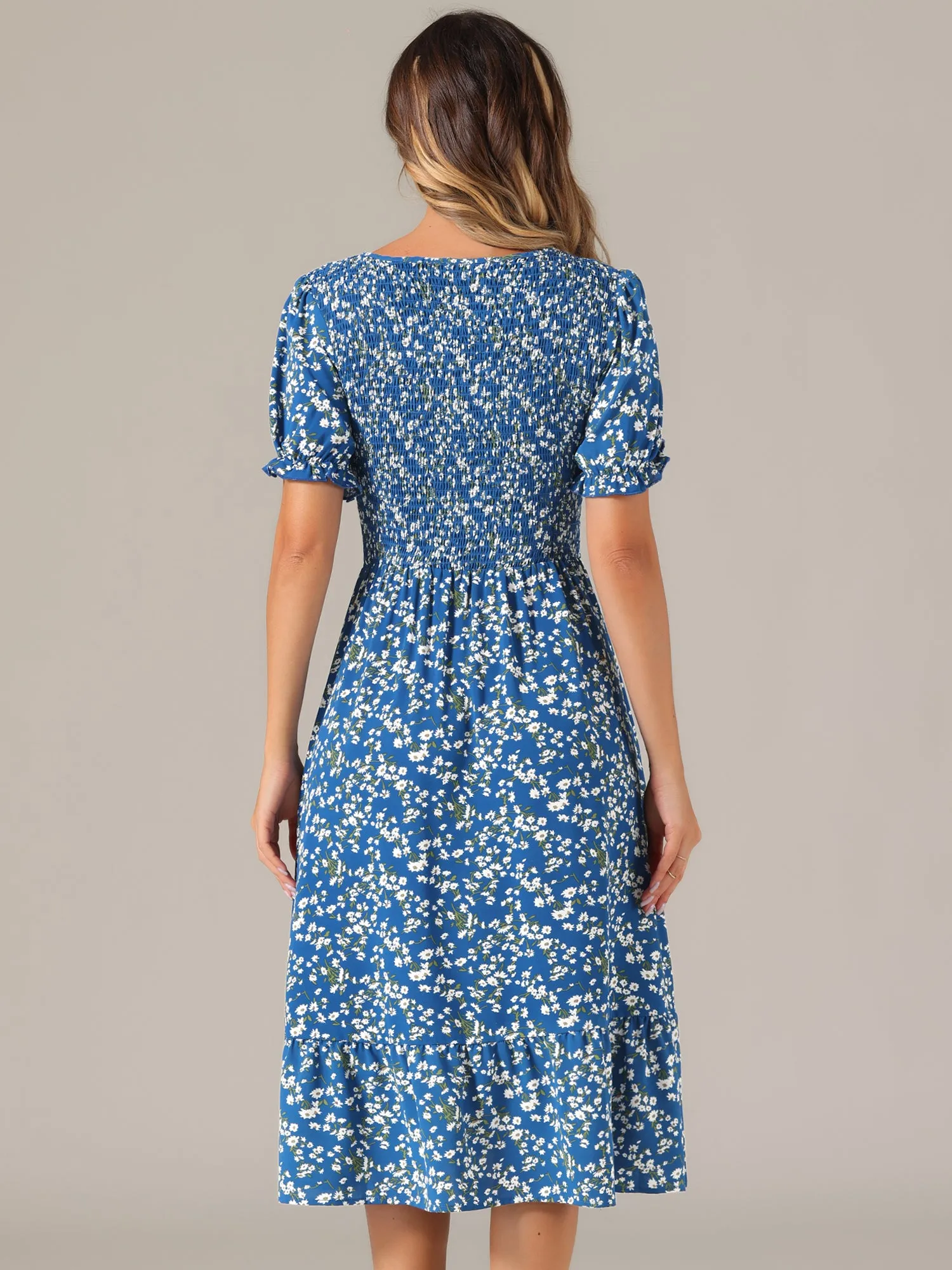 Floral Shirred Puff Short Sleeves V Neck Ruffled Hem Midi Dress sold by Allegra K product image thumbnail 2