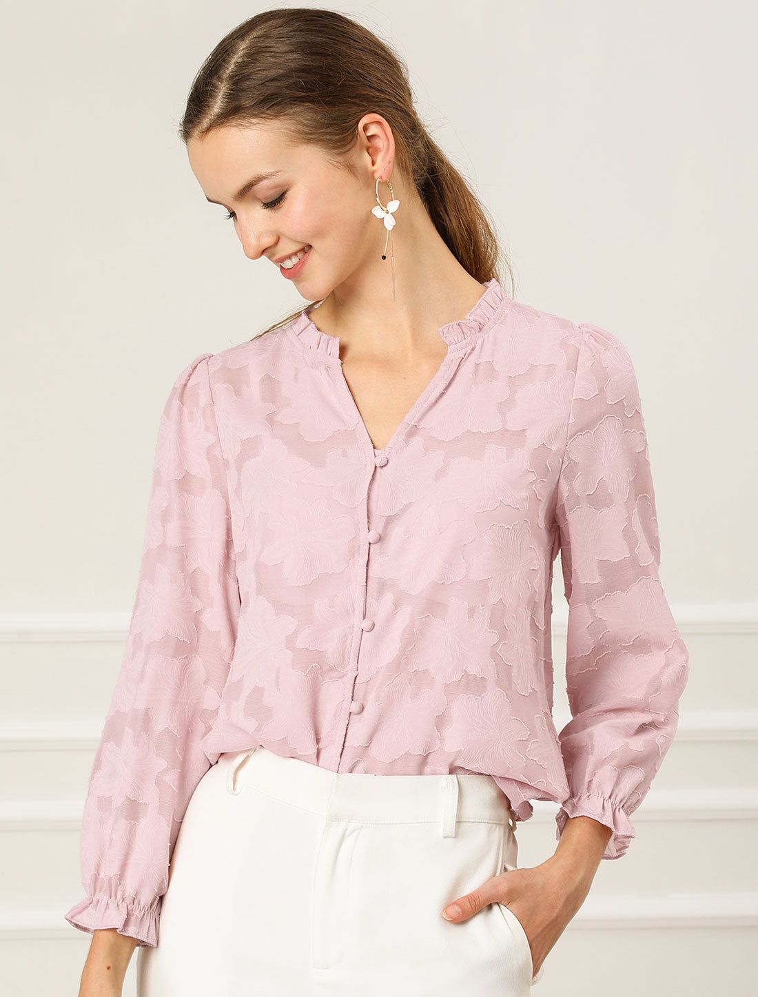 V Neck Ruffle Neckline Floral Top Blouse sold by Allegra K