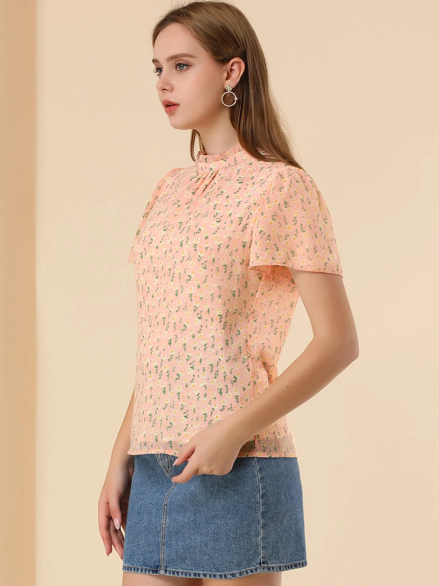 Floral Keyhole Back Ruffle Neck Chiffon Blouse Tops sold by Allegra K product image thumbnail 4