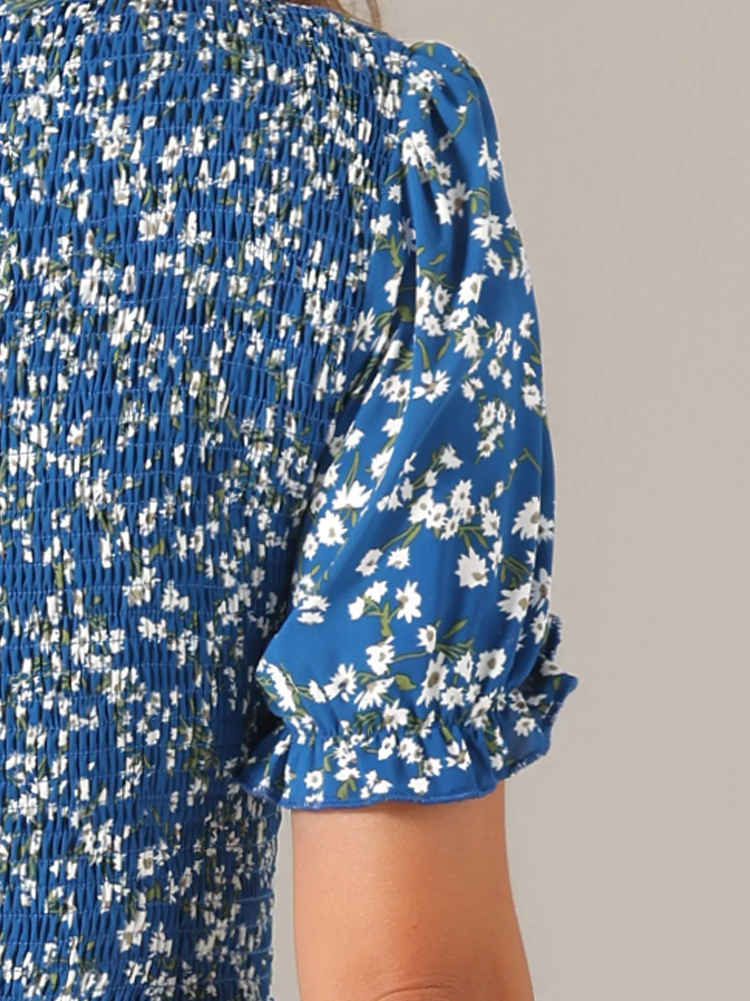 Floral Shirred Puff Short Sleeves V Neck Ruffled Hem Midi Dress sold by Allegra K product image thumbnail 4