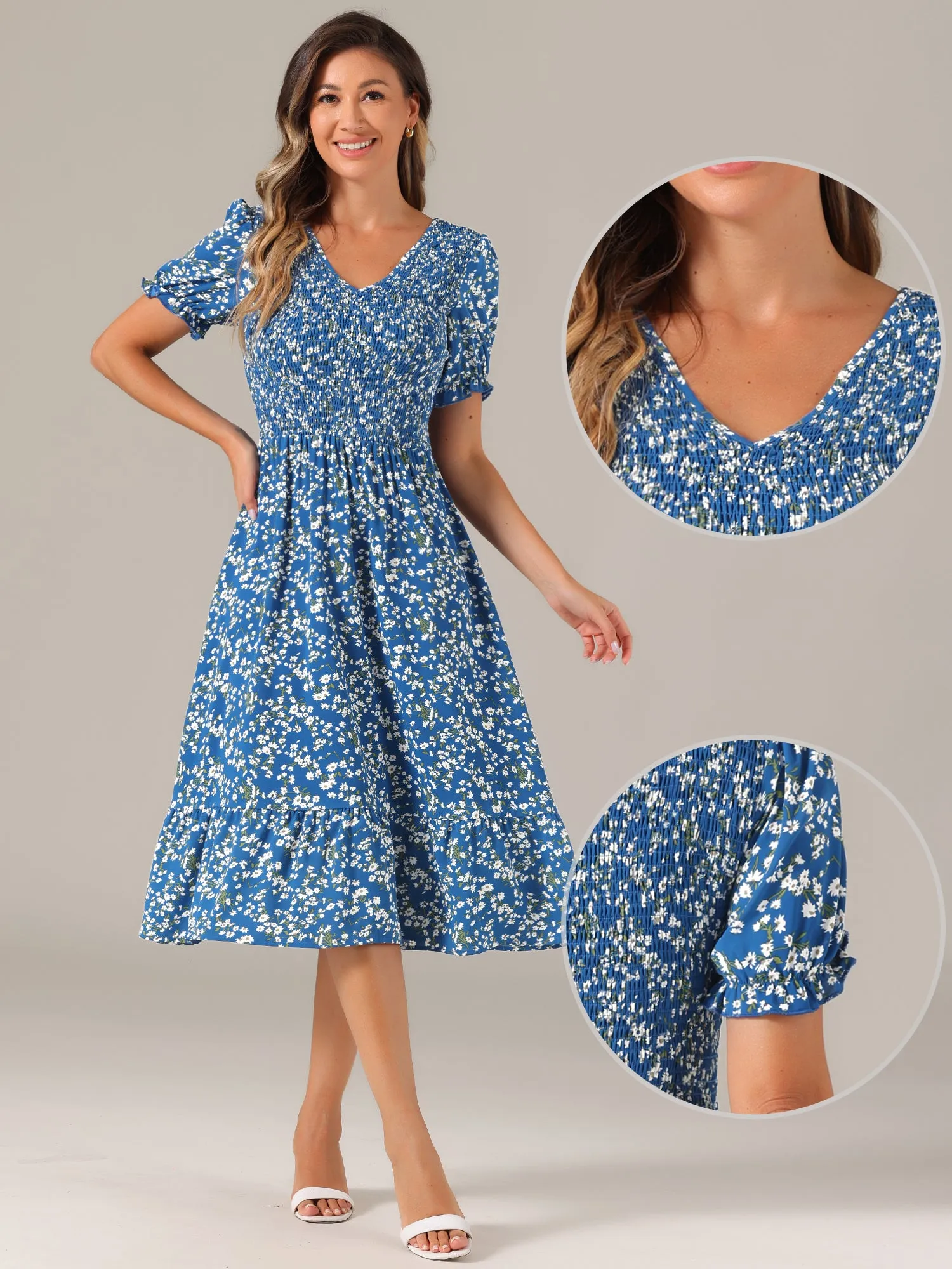 Floral Shirred Puff Short Sleeves V Neck Ruffled Hem Midi Dress sold by Allegra K product image thumbnail 3