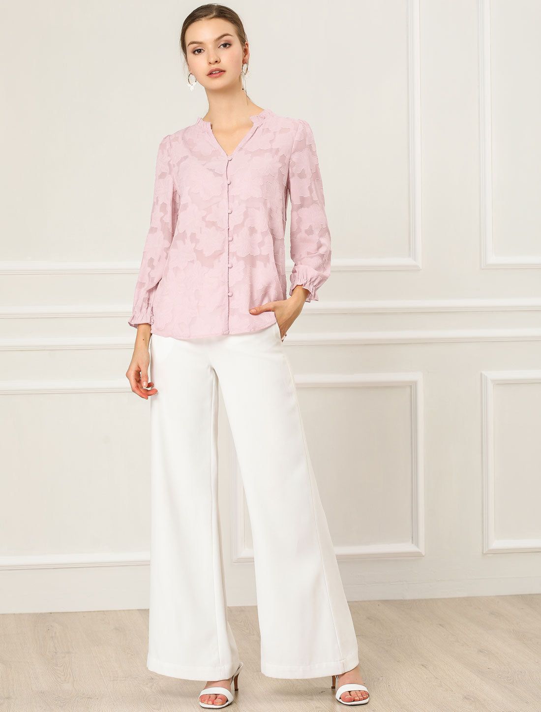 V Neck Ruffle Neckline Floral Top Blouse sold by Allegra K product image thumbnail 2