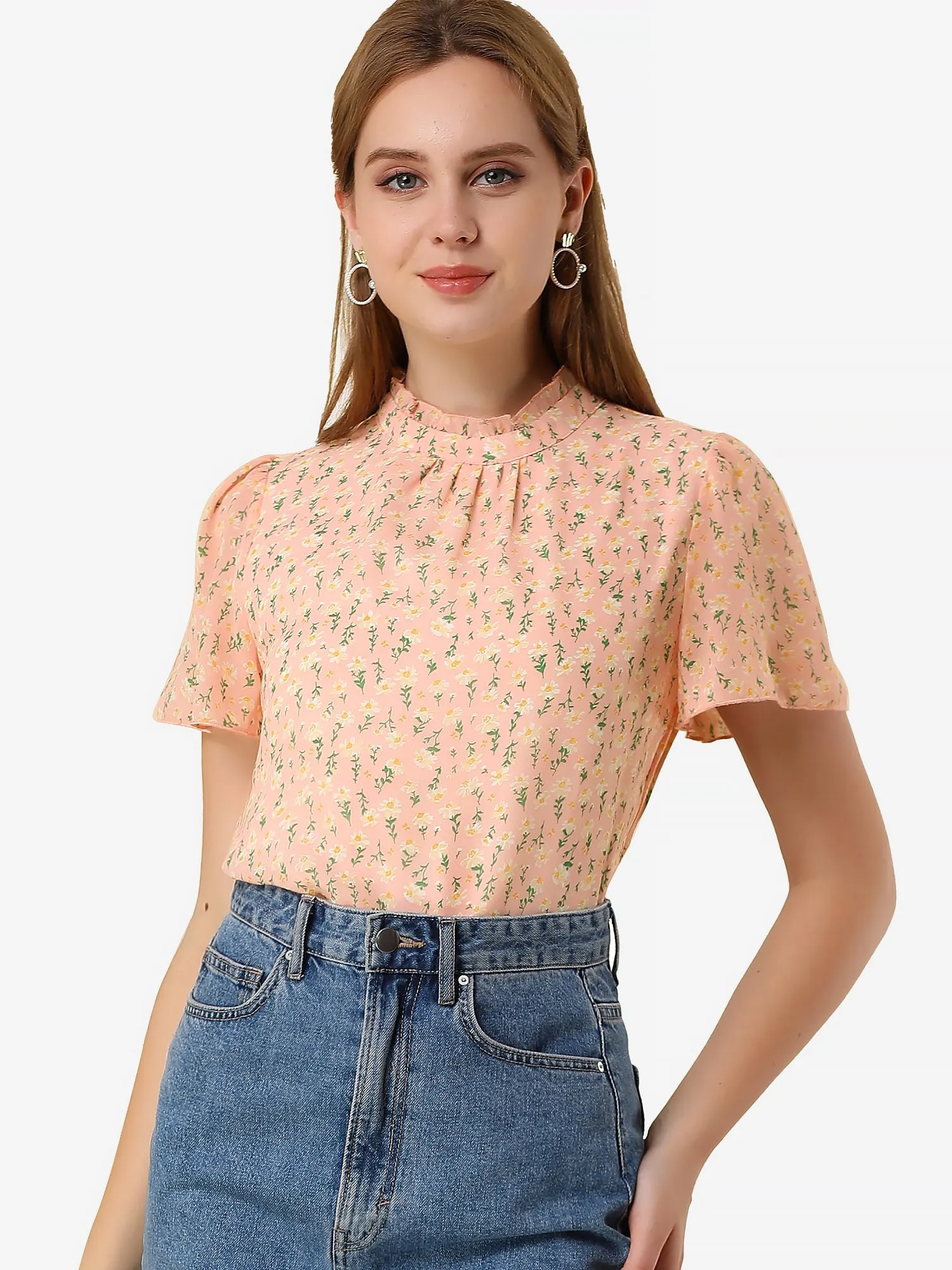 Floral Keyhole Back Ruffle Neck Chiffon Blouse Tops sold by Allegra K