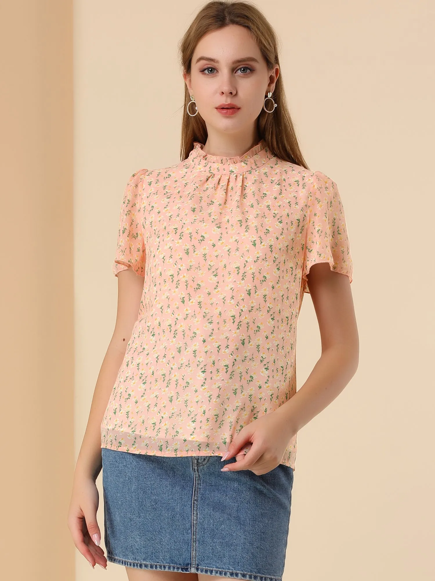 Floral Keyhole Back Ruffle Neck Chiffon Blouse Tops sold by Allegra K product image thumbnail 3