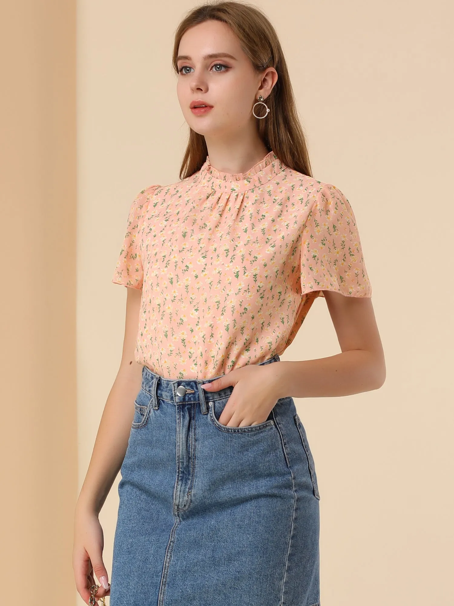 Floral Keyhole Back Ruffle Neck Chiffon Blouse Tops sold by Allegra K product image thumbnail 2