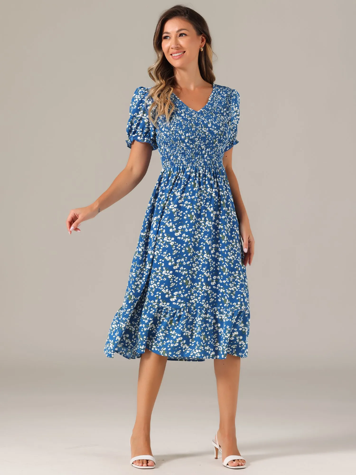 Floral Shirred Puff Short Sleeves V Neck Ruffled Hem Midi Dress sold by Allegra K