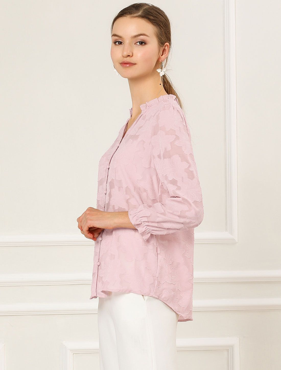 V Neck Ruffle Neckline Floral Top Blouse sold by Allegra K product image thumbnail 3