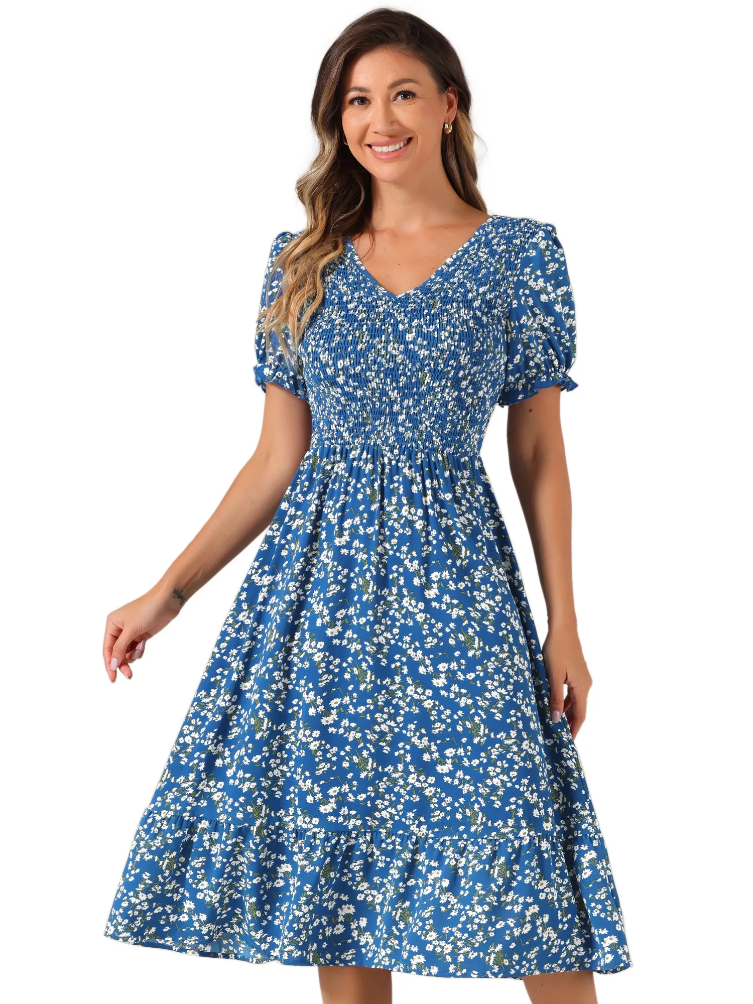 Floral Shirred Puff Short Sleeves V Neck Ruffled Hem Midi Dress sold by Allegra K product image thumbnail 5
