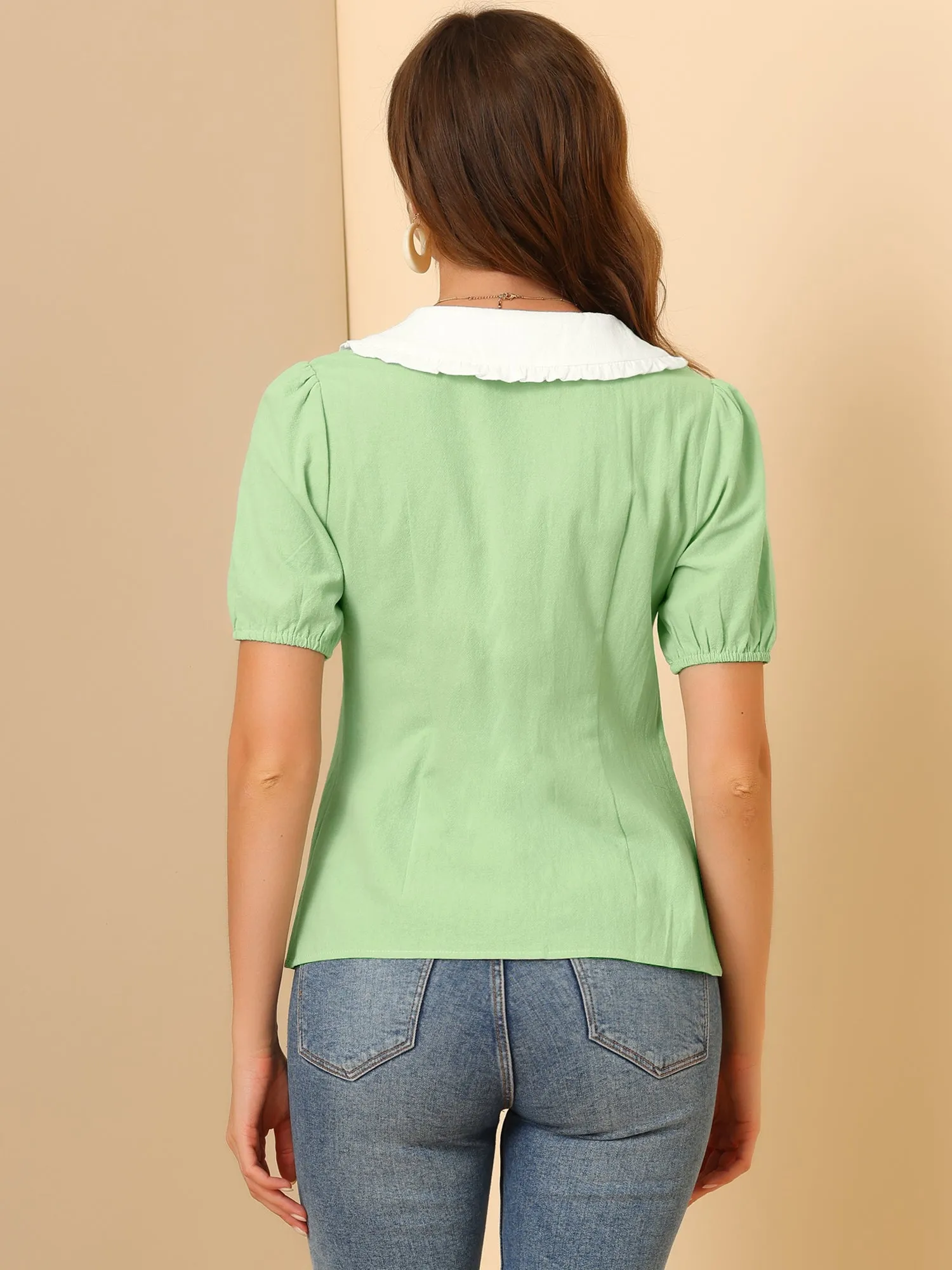 Casual Short Sleeve Contrast Collar Cotton Button Down Blouse sold by Allegra K product image thumbnail 4