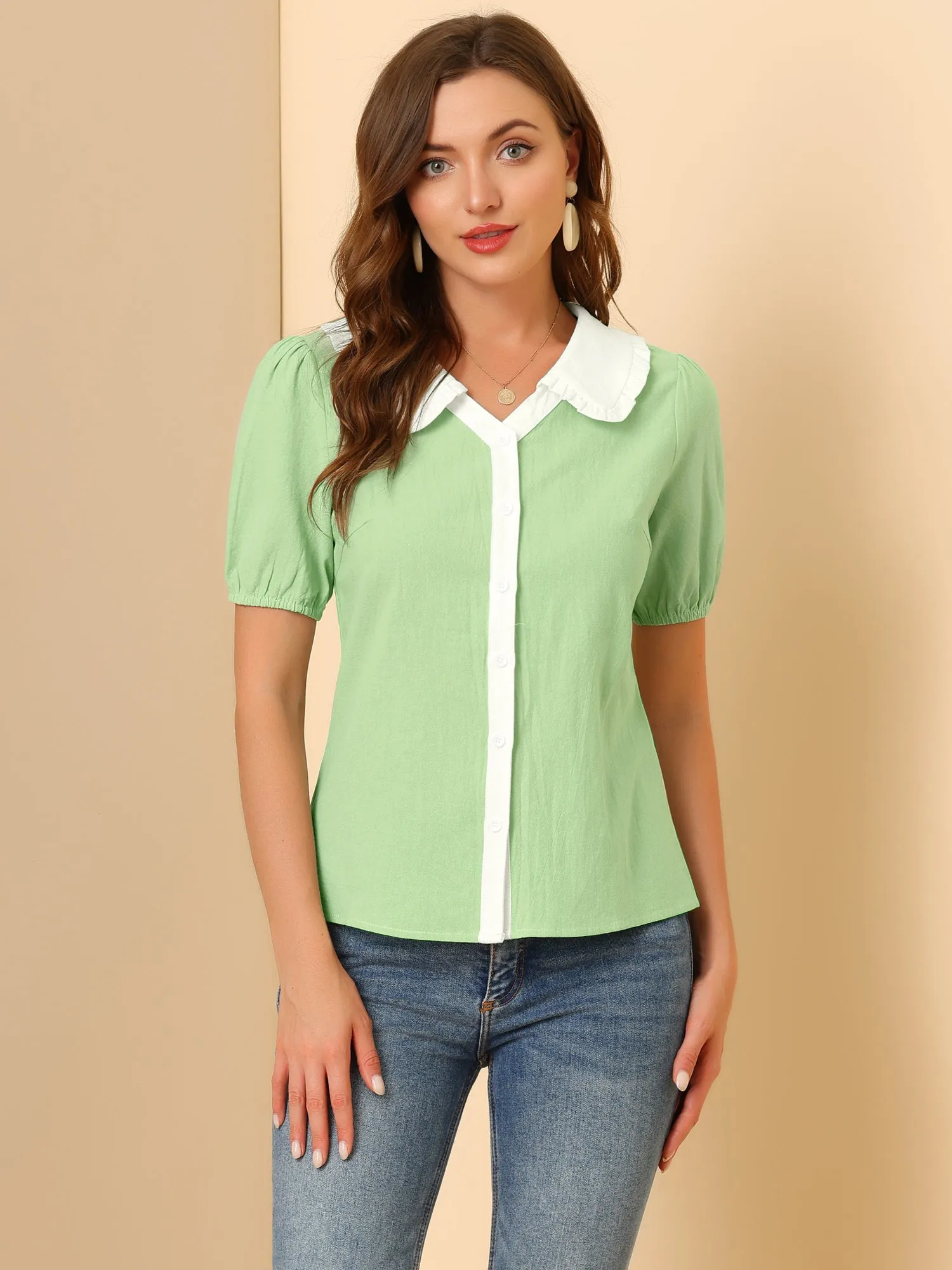Casual Short Sleeve Contrast Collar Cotton Button Down Blouse sold by Allegra K