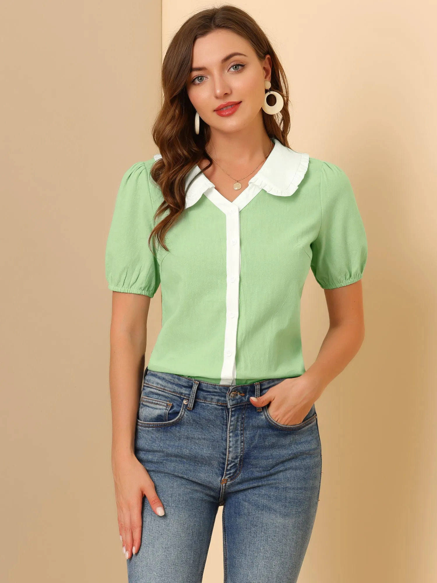 Casual Short Sleeve Contrast Collar Cotton Button Down Blouse sold by Allegra K product image thumbnail 2
