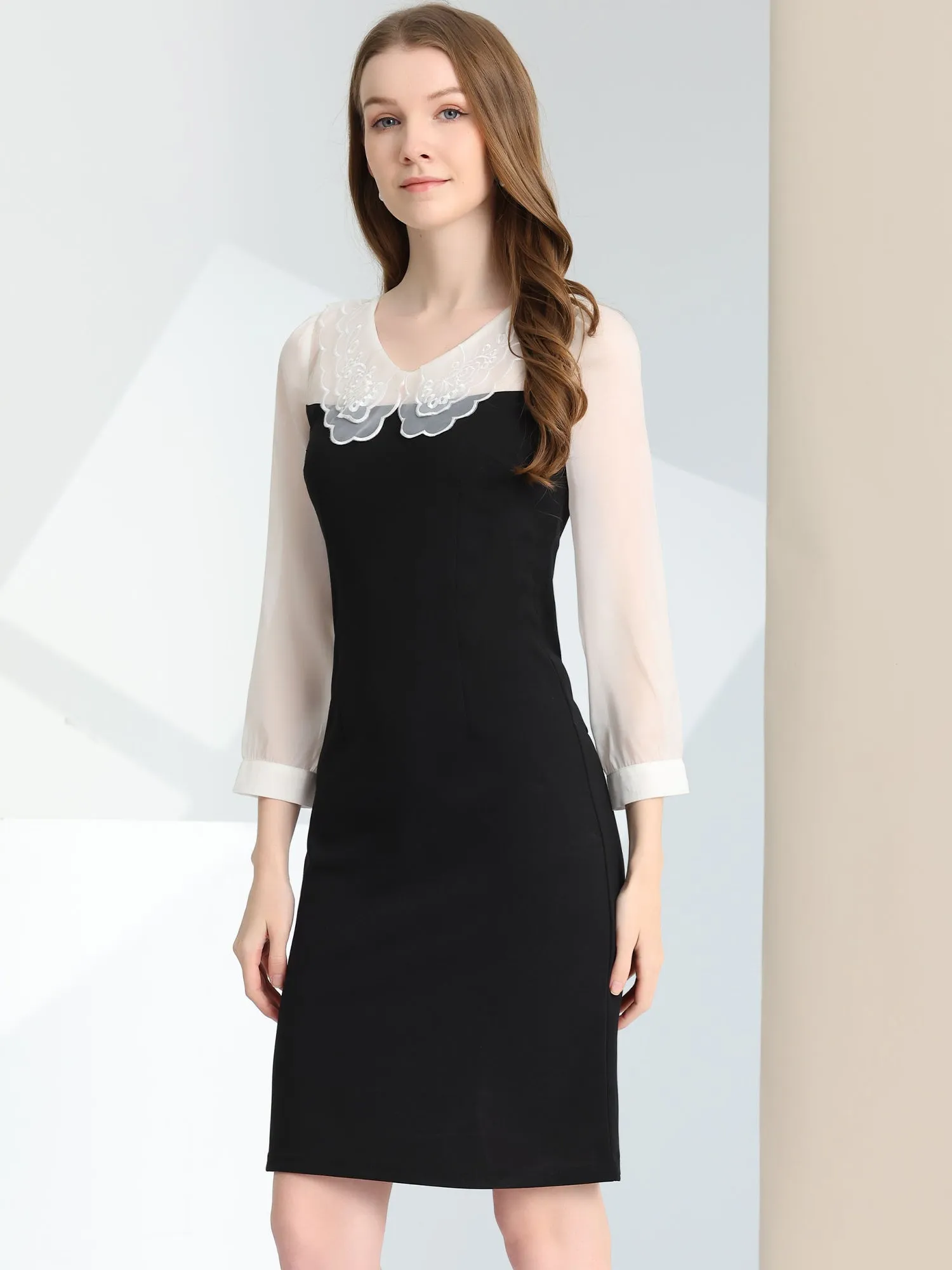 Christmas Party Sheer Chiffon Panel Pater Pan Collar Dress sold by Allegra K