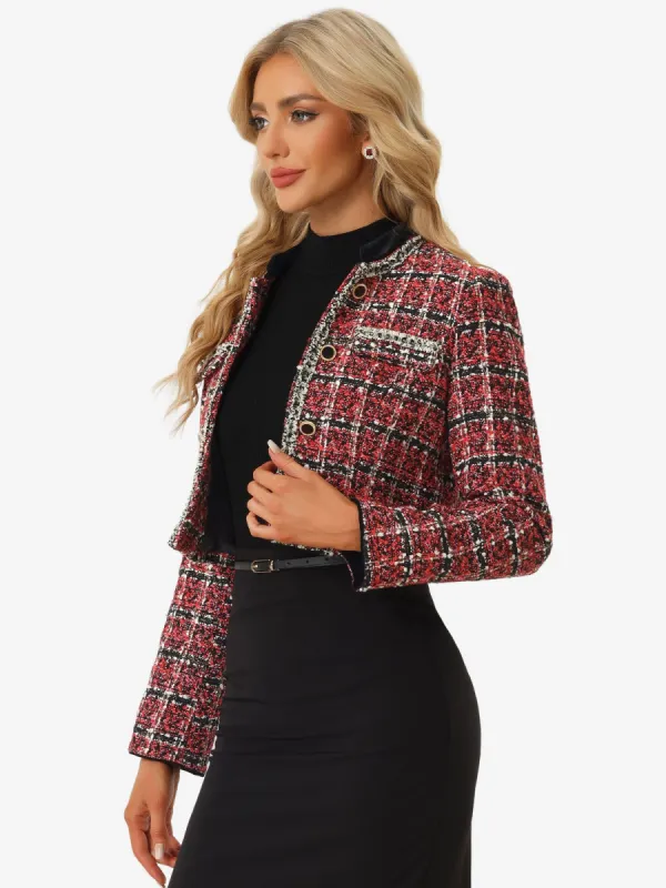 Stand Collar Double Breasted Elegant Plaid Tweed Crop Jacket sold by Allegra K