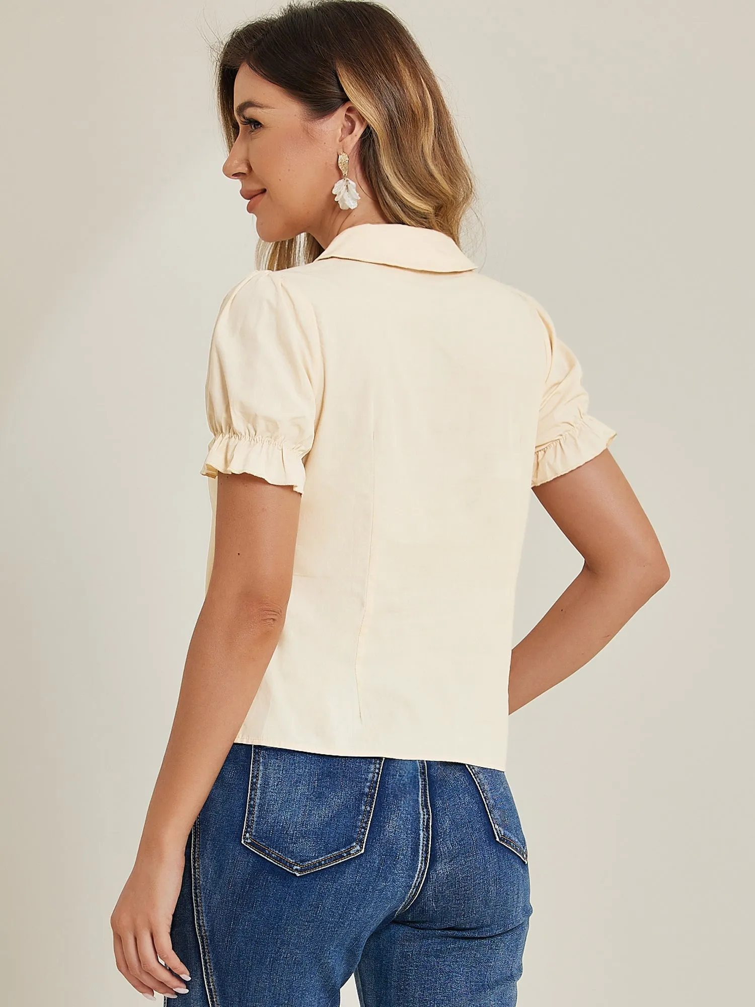 Peter Pan Collar Tie Neck Casual Cute Cotton Button-Up Shirt sold by Allegra K product image thumbnail 3