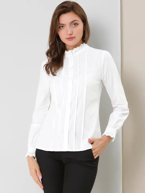 Mock Neck Lace Trim Pleated Button Down Work Office Blouse Shirt sold by Allegra K