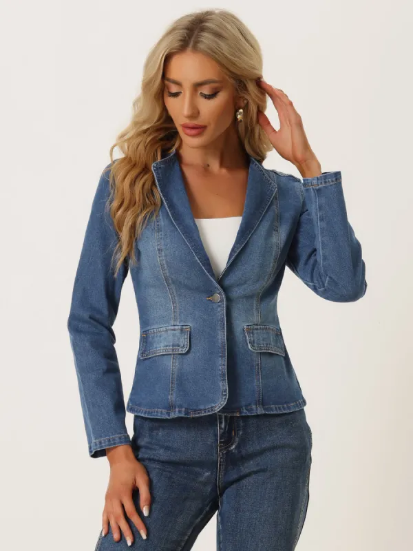 Lapel Collar Long Sleeve One Button Denim Blazer Jean Jacket sold by Allegra K