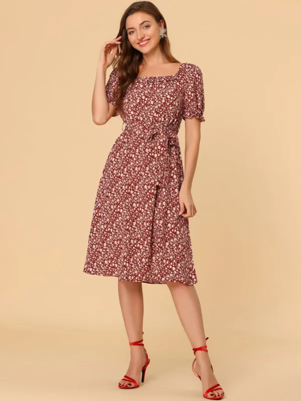 Summer Square Neck Elegant Tie Waist A-Line Floral Dress sold by Allegra K