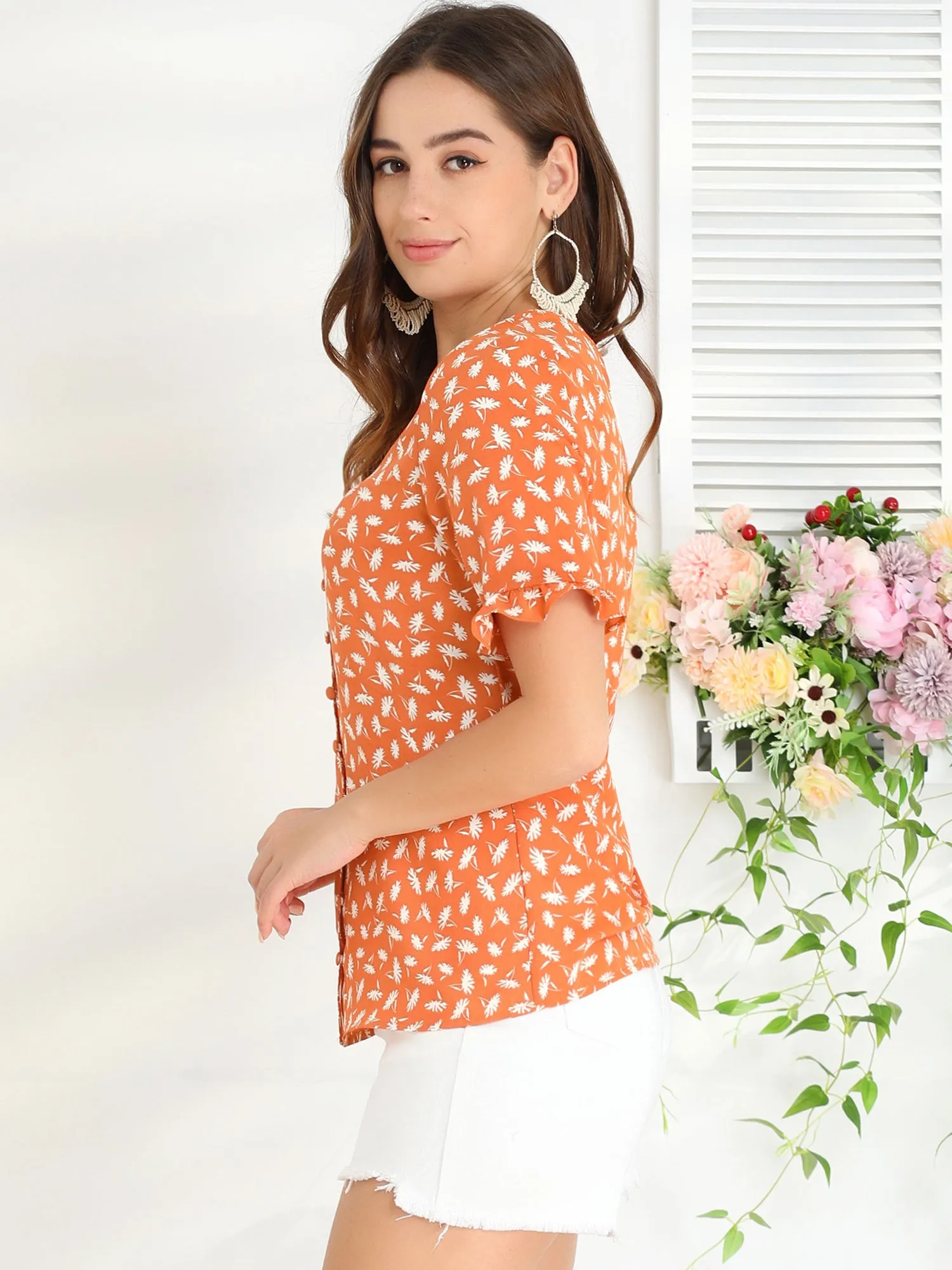 Summer Floral Print V Neck Short Sleeve Button Front Blouse Top sold by Allegra K product image thumbnail 3