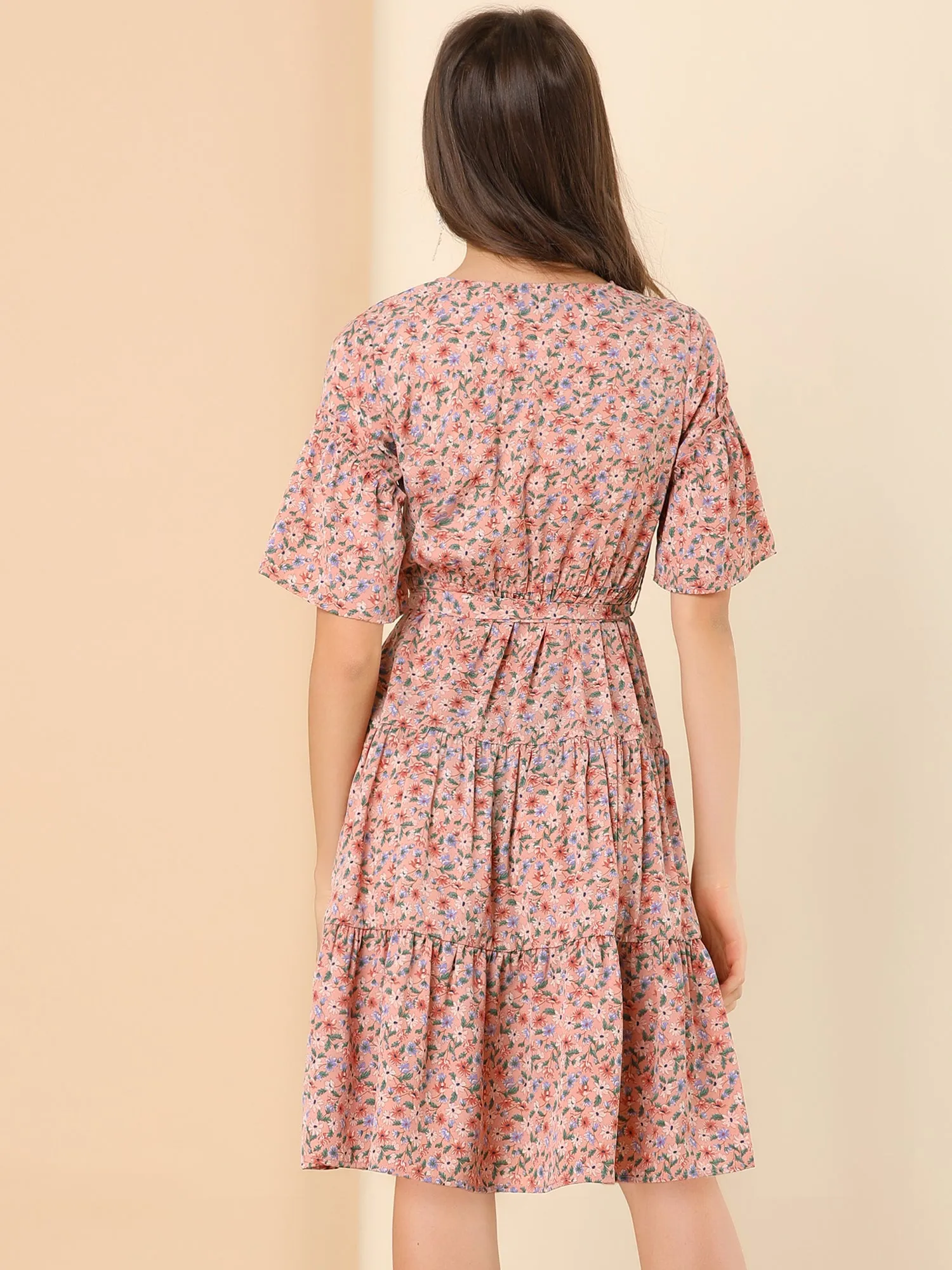 Tiered Ruffle Hem Elastic Tie Waist V Neck Bell Sleeve Floral Dress sold by Allegra K product image thumbnail 5