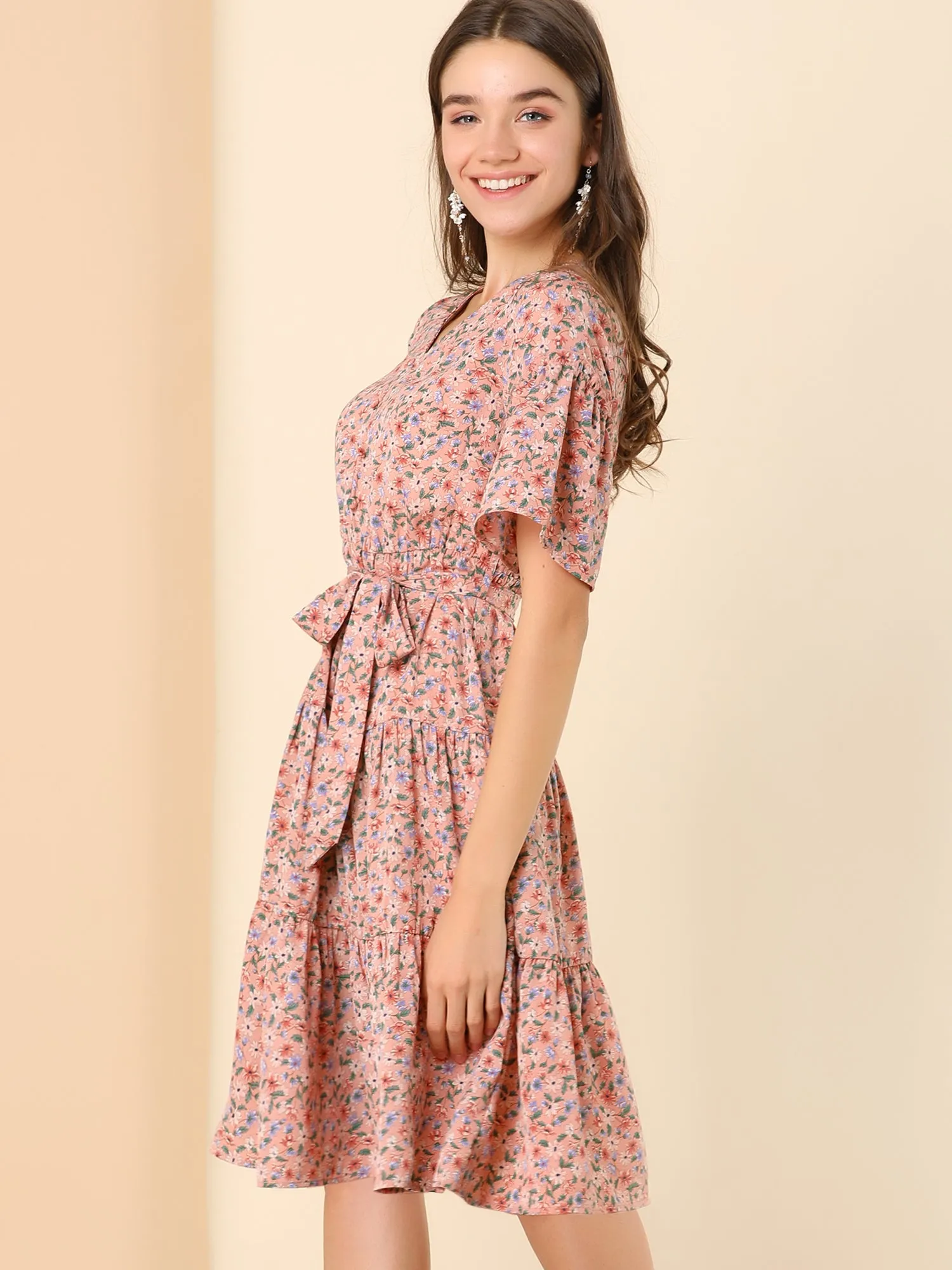 Tiered Ruffle Hem Elastic Tie Waist V Neck Bell Sleeve Floral Dress sold by Allegra K product image thumbnail 4