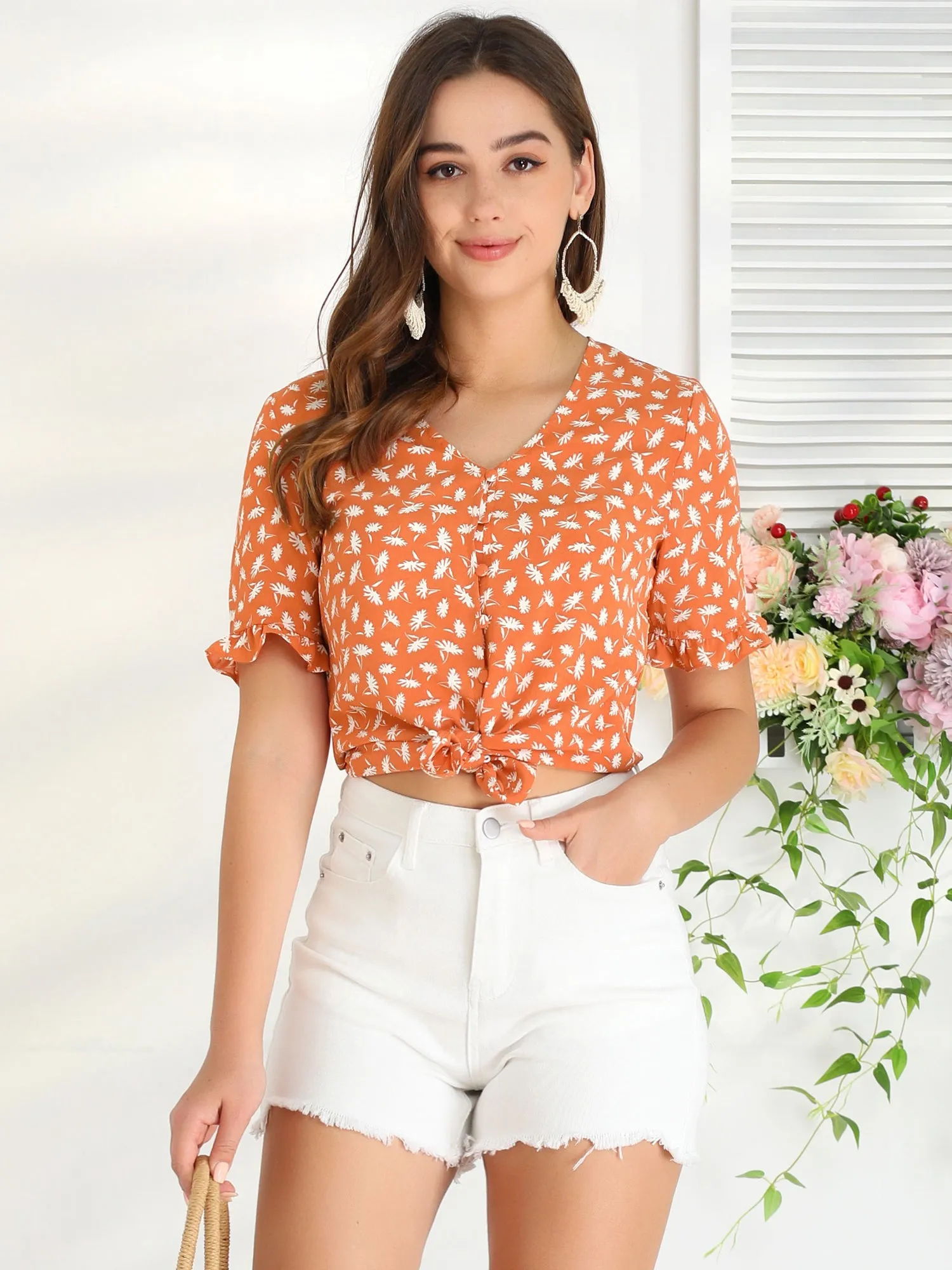 Summer Floral Print V Neck Short Sleeve Button Front Blouse Top sold by Allegra K