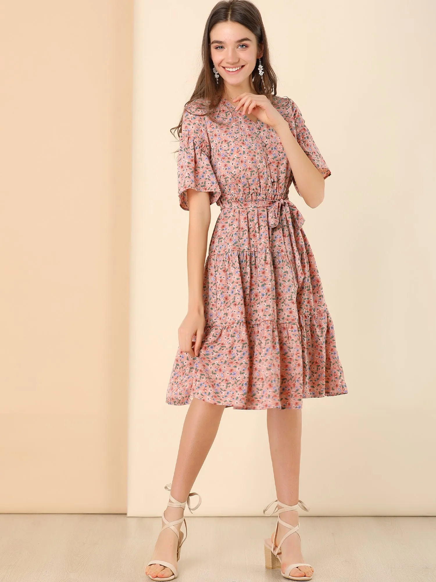 Tiered Ruffle Hem Elastic Tie Waist V Neck Bell Sleeve Floral Dress sold by Allegra K product image thumbnail 3