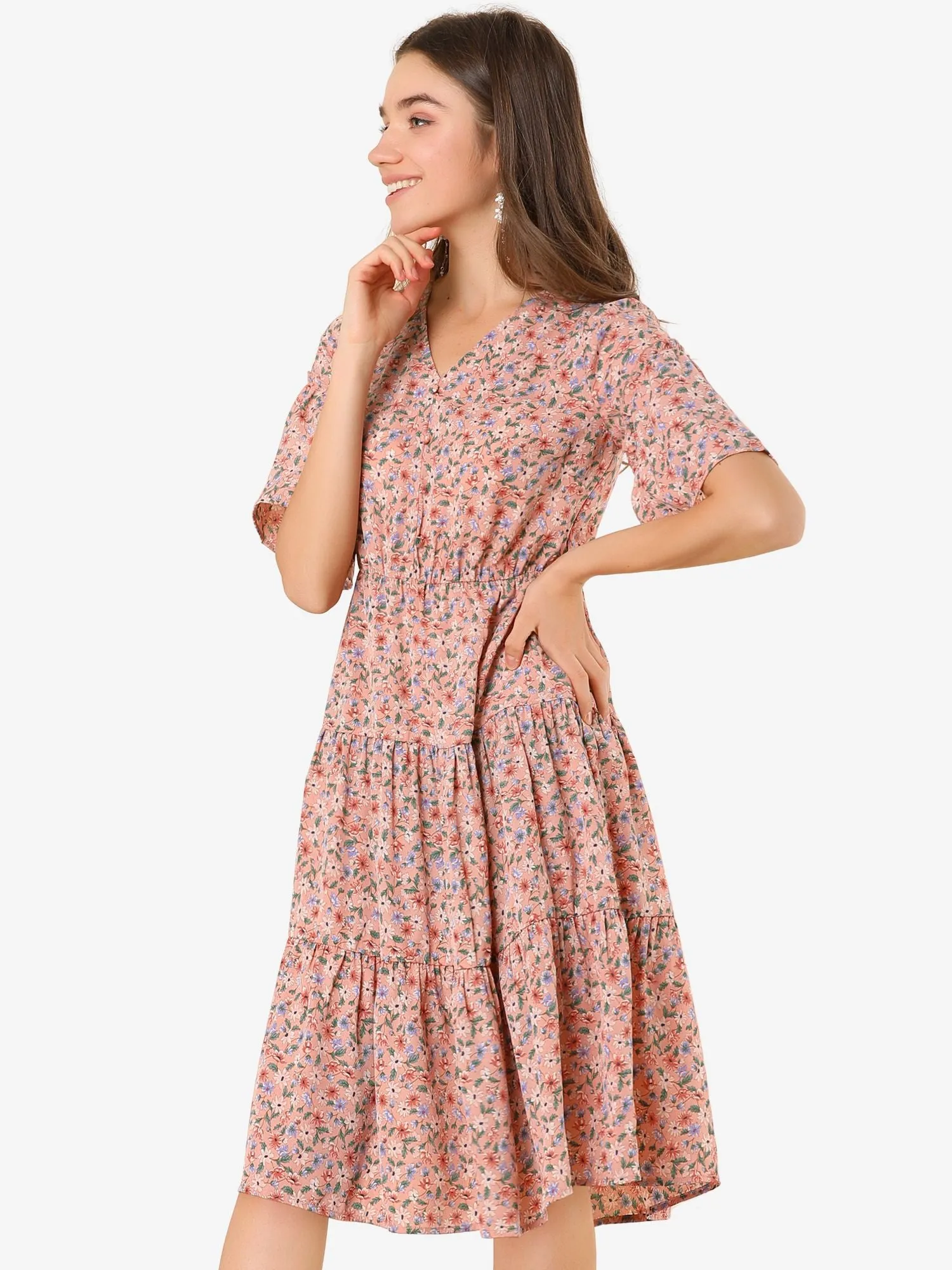 Tiered Ruffle Hem Elastic Tie Waist V Neck Bell Sleeve Floral Dress sold by Allegra K