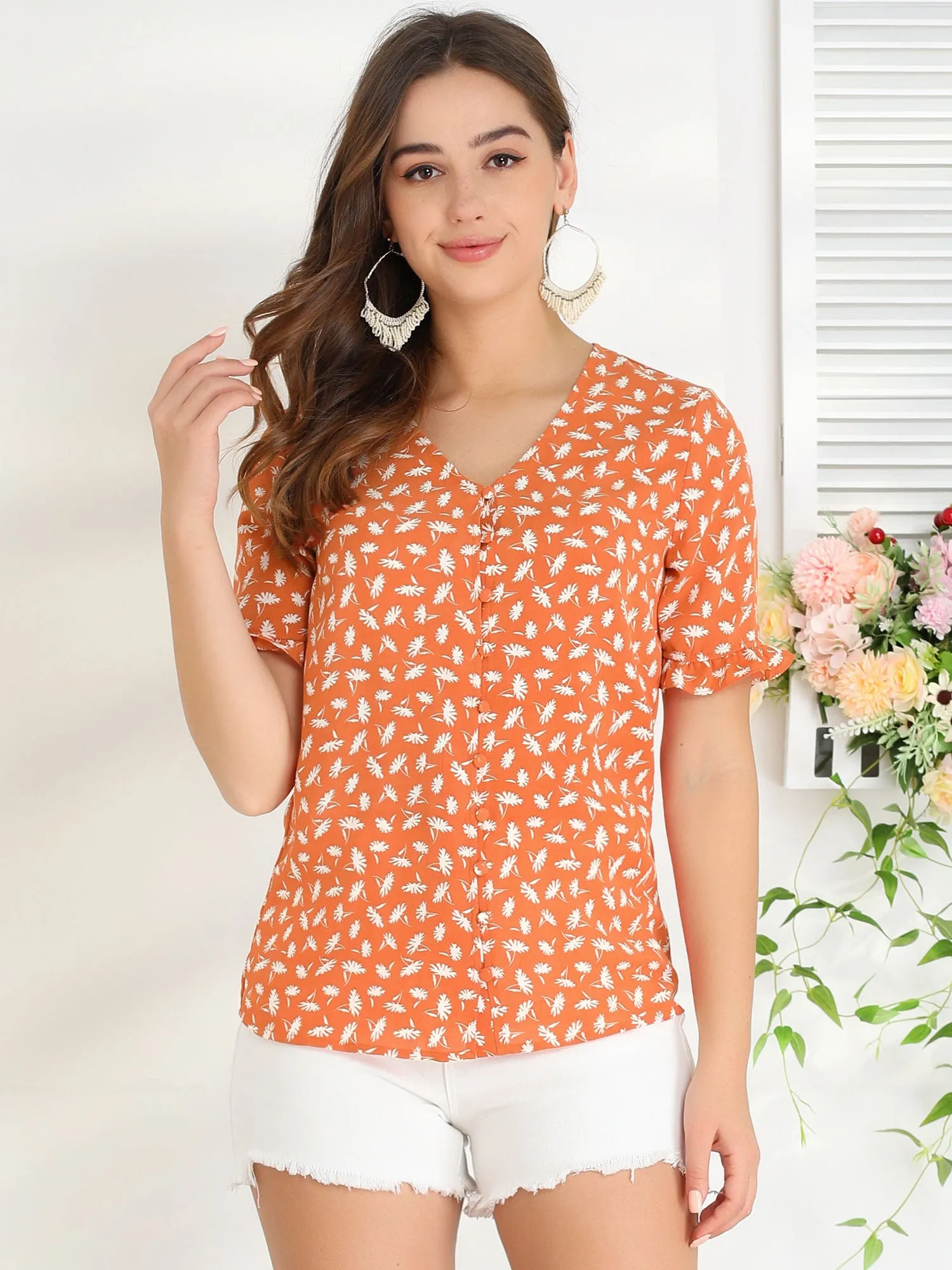 Summer Floral Print V Neck Short Sleeve Button Front Blouse Top sold by Allegra K product image thumbnail 2