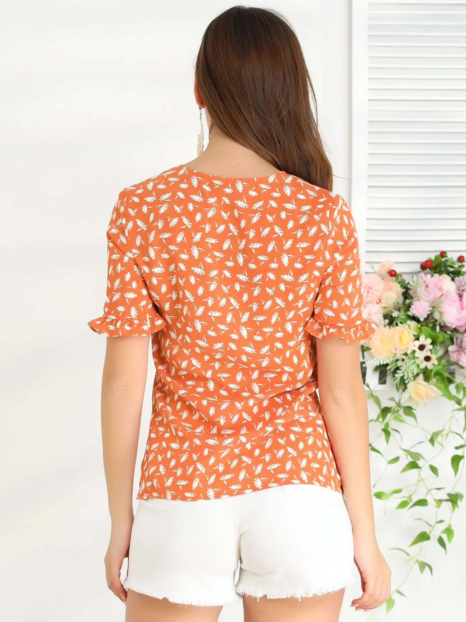 Summer Floral Print V Neck Short Sleeve Button Front Blouse Top sold by Allegra K product image thumbnail 4