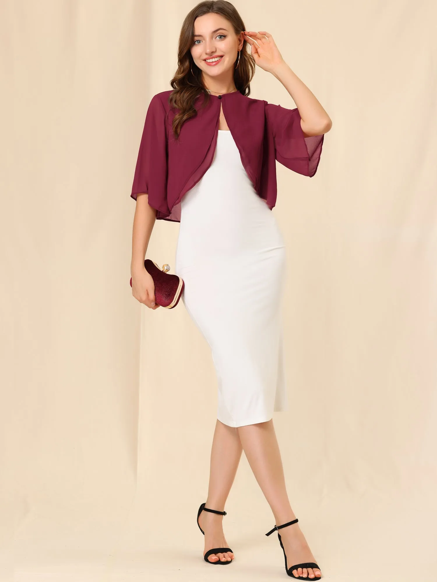 Short Sleeve Crop Cardigan Sheer Chiffon Bolero Shrug Top sold by Allegra K