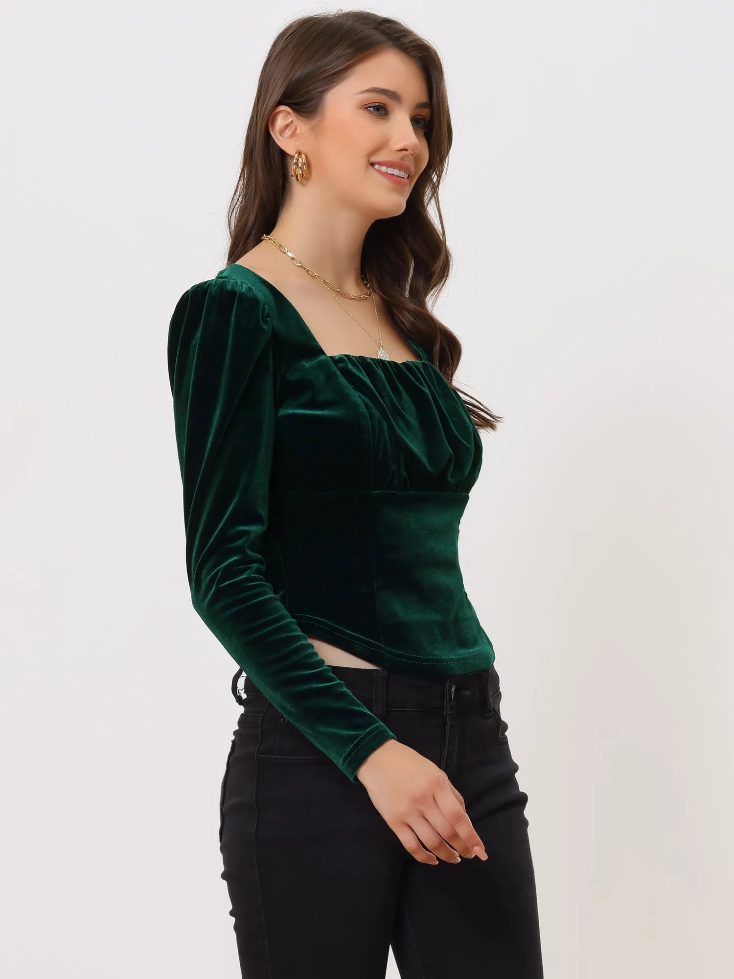 Velvet Cropped Long Sleeve Party Square Neck Top Blouse sold by Allegra K product image thumbnail 4
