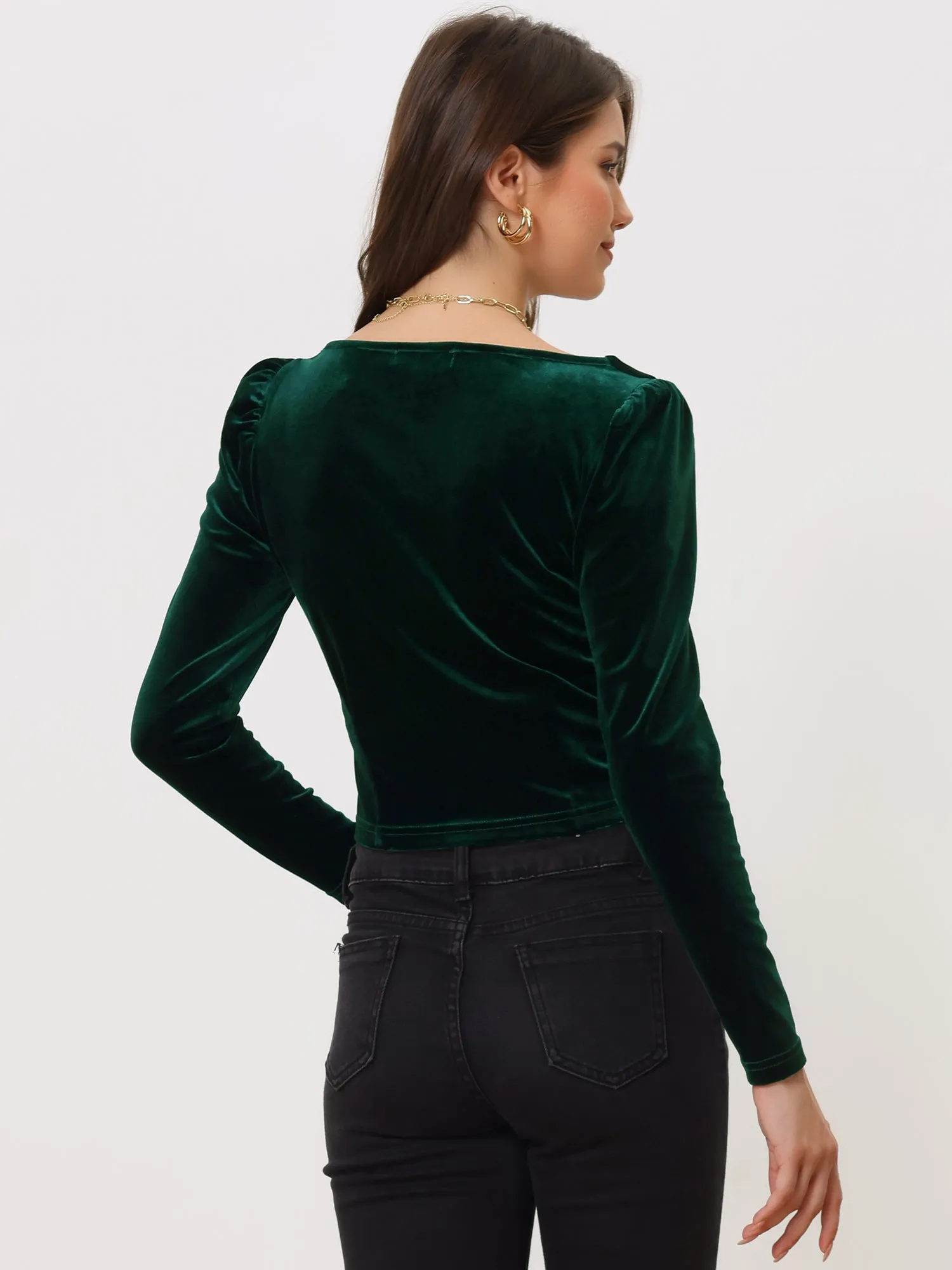 Velvet Cropped Long Sleeve Party Square Neck Top Blouse sold by Allegra K product image thumbnail 3