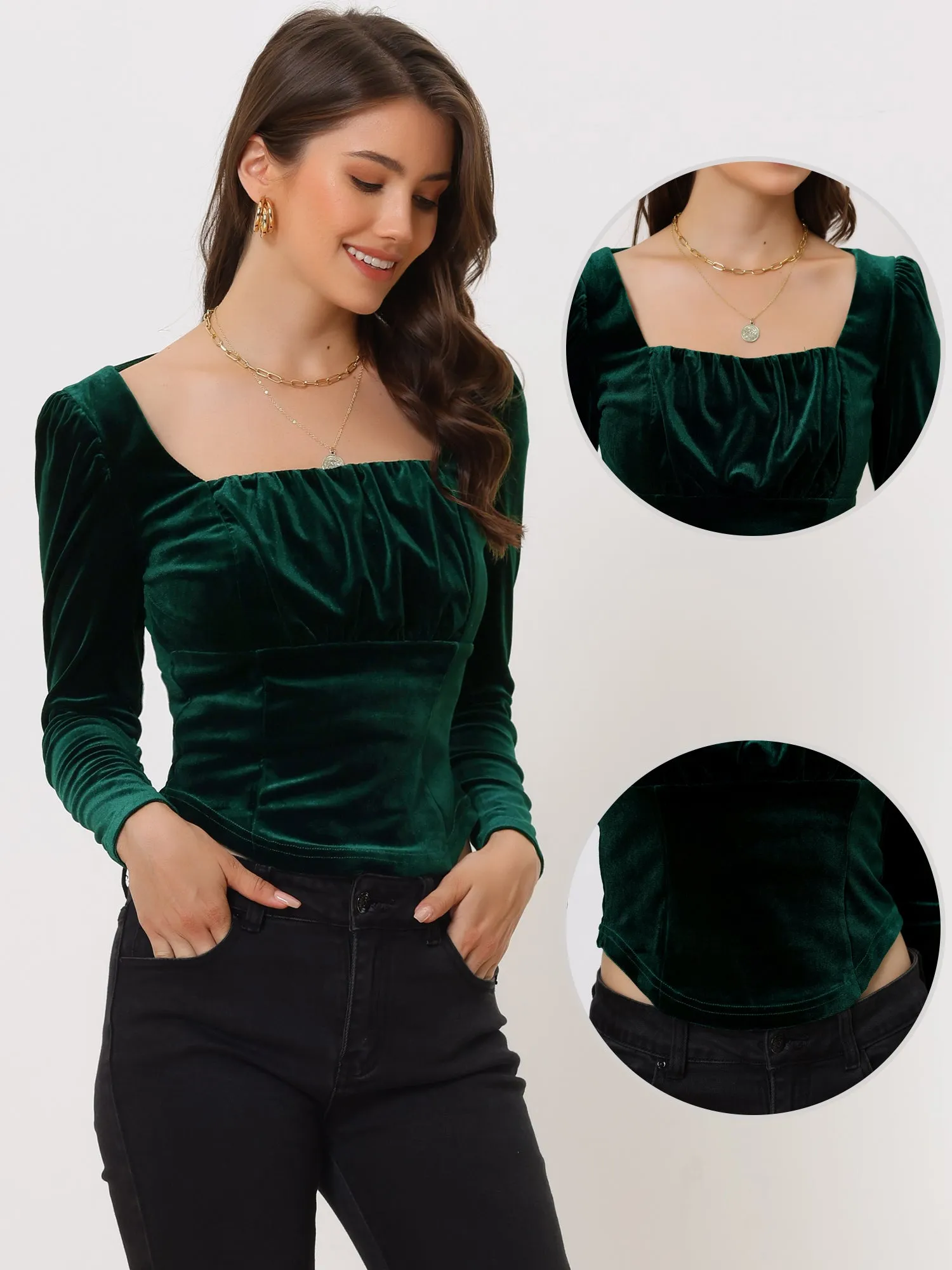 Velvet Cropped Long Sleeve Party Square Neck Top Blouse sold by Allegra K product image thumbnail 2