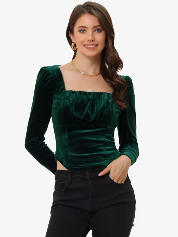 Velvet Cropped Long Sleeve Party Square Neck Top Blouse sold by Allegra K