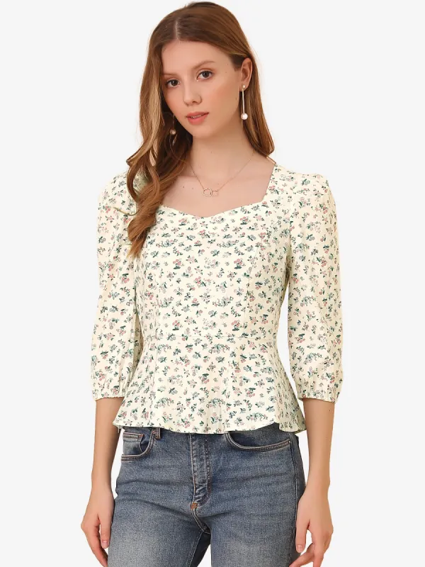 Sweetheart Neck Puff Sleeve 3/4 Sleeve Cotton Floral Blouse sold by Allegra K
