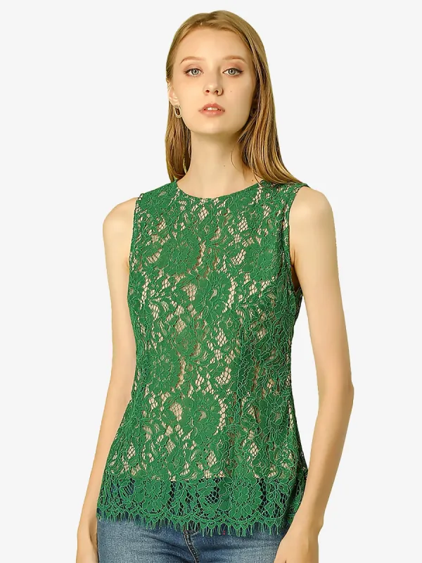 Formal Sleeveless Lining Floral Lace Sexy Blouse Top made by Allegra K