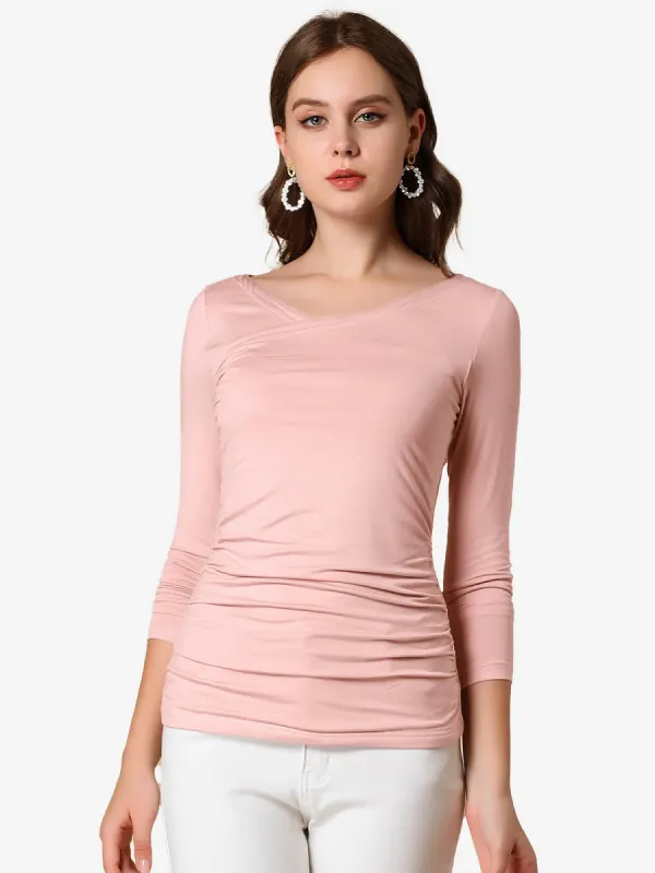 V Neck Ruched Stretchy Long Sleeve Pleated Slim Fit Top Blouse sold by Allegra K