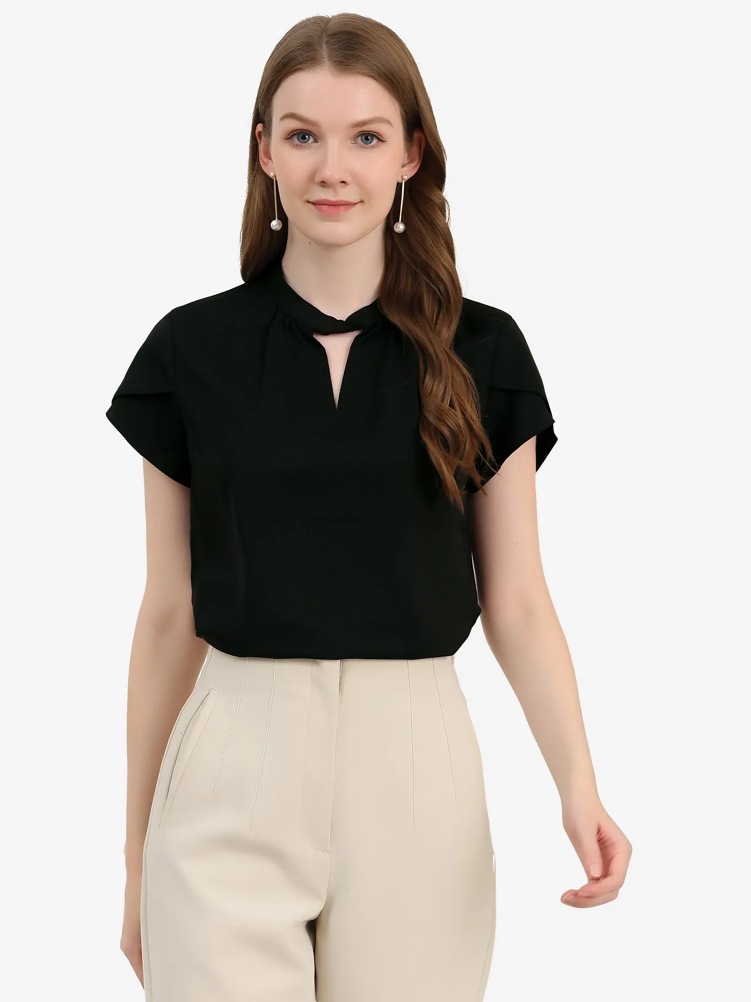 Work Keyhole Elegant Stand Collar Petal Sleeve Chiffon Blouse sold by Allegra K