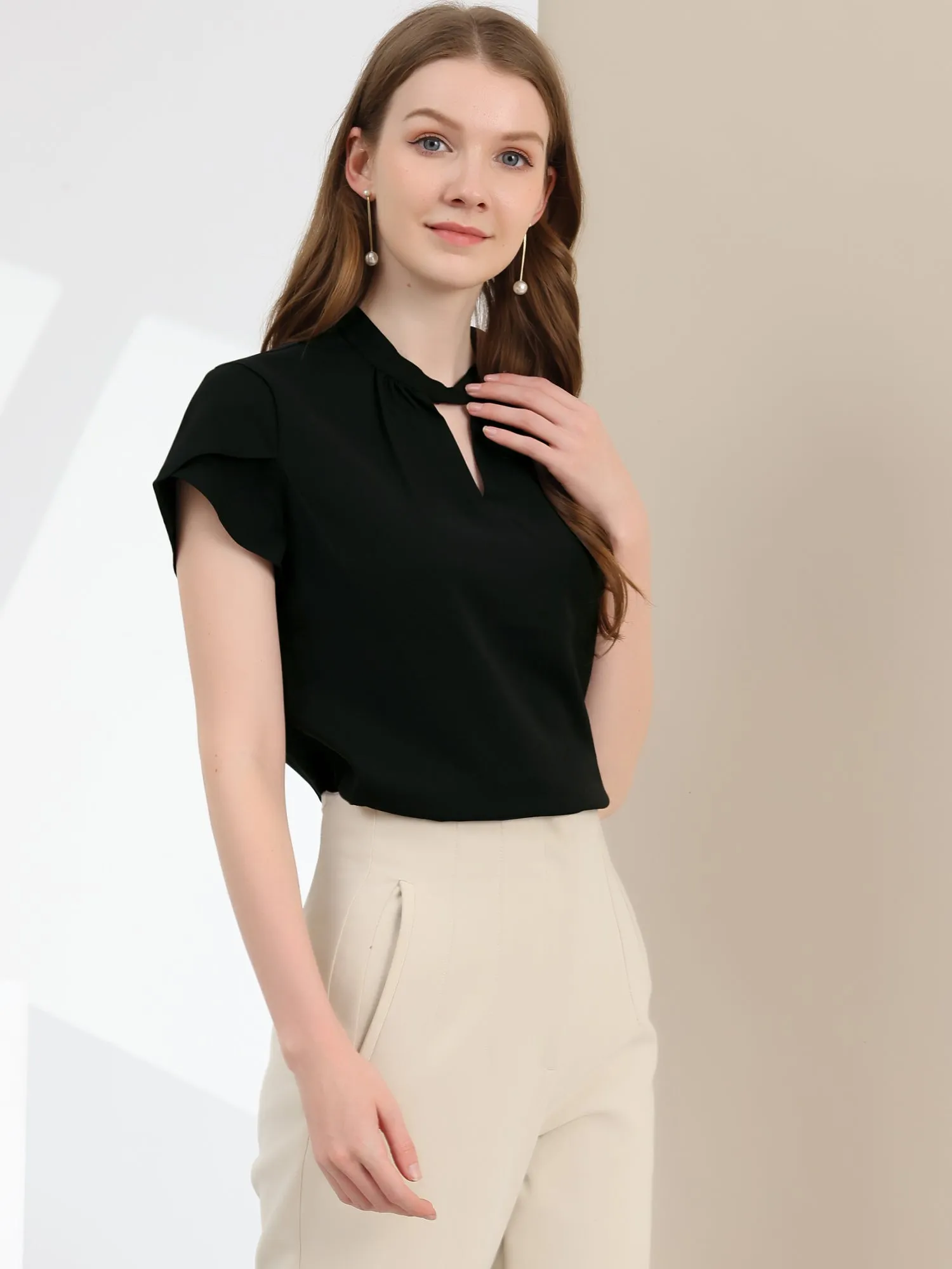 Work Keyhole Elegant Stand Collar Petal Sleeve Chiffon Blouse sold by Allegra K product image thumbnail 2