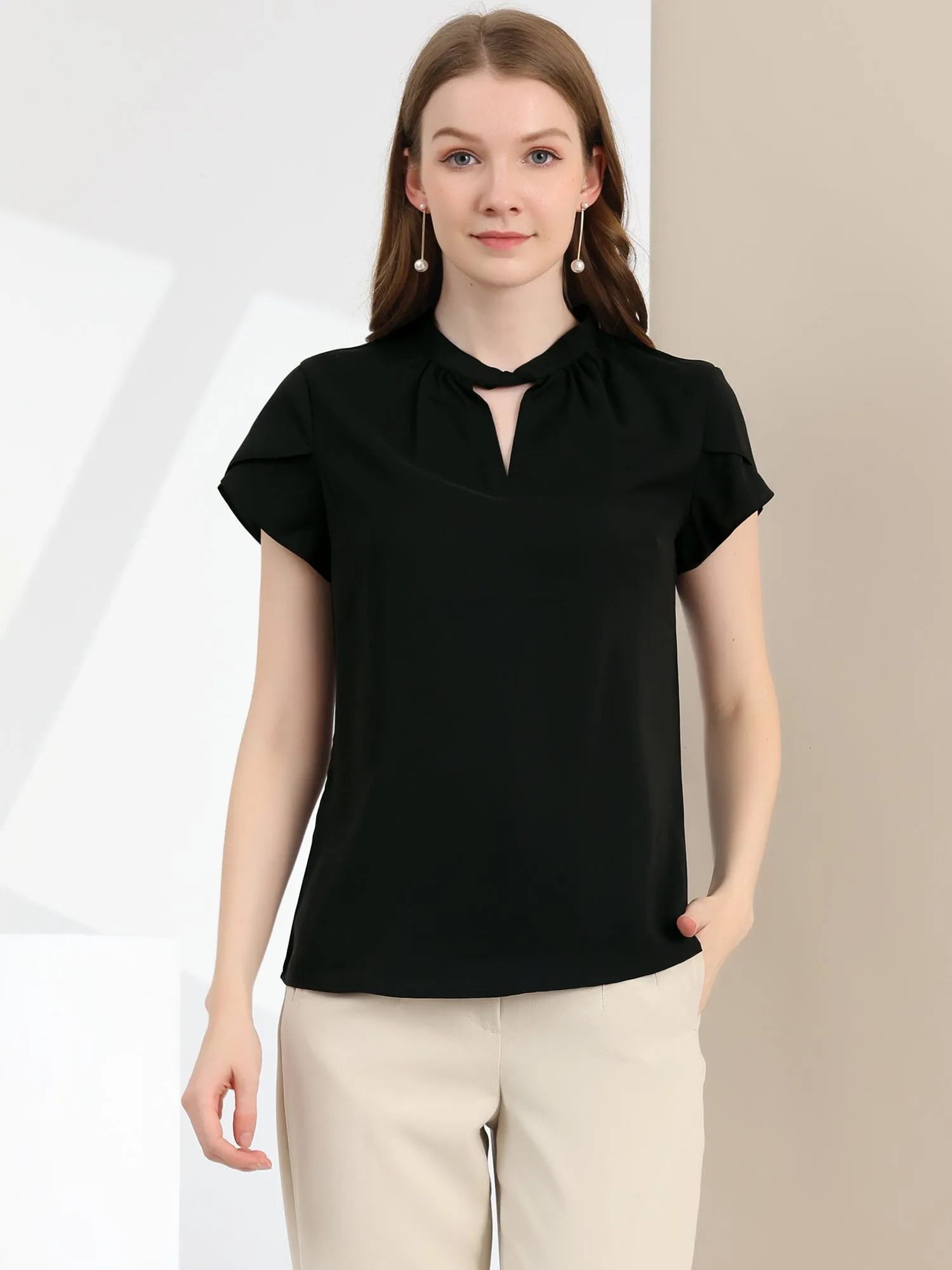 Work Keyhole Elegant Stand Collar Petal Sleeve Chiffon Blouse sold by Allegra K product image thumbnail 3