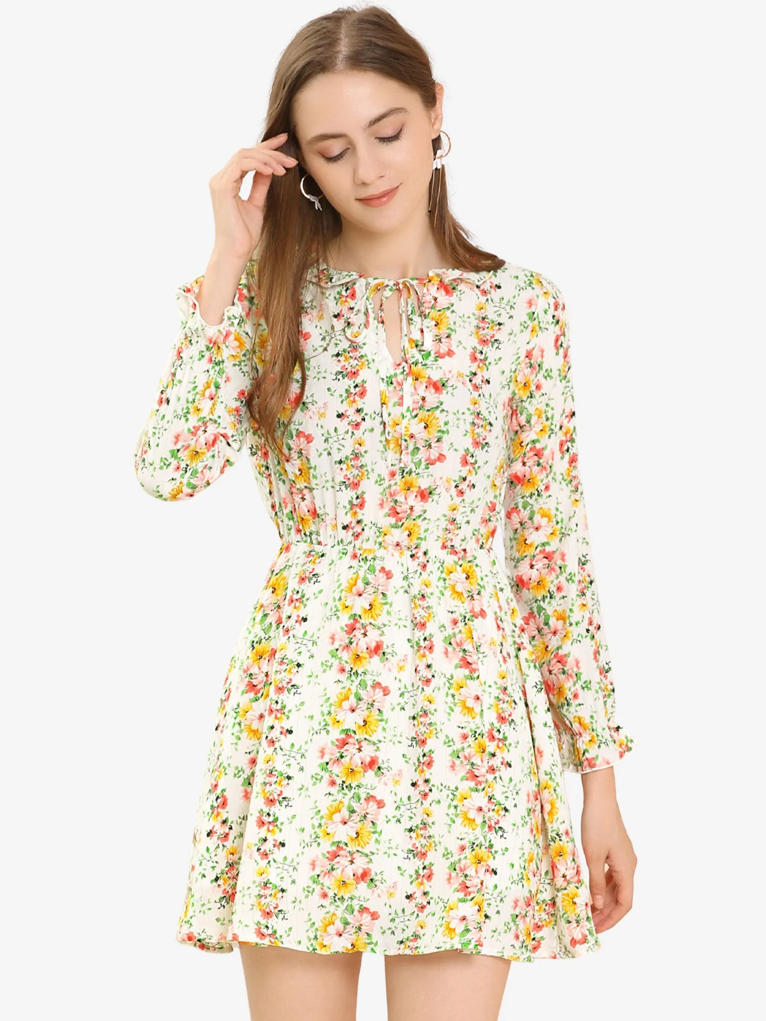 Ruffle Flower Boho 3/4 Sleeve Floral Tie Waist Mini Dress sold by Allegra K