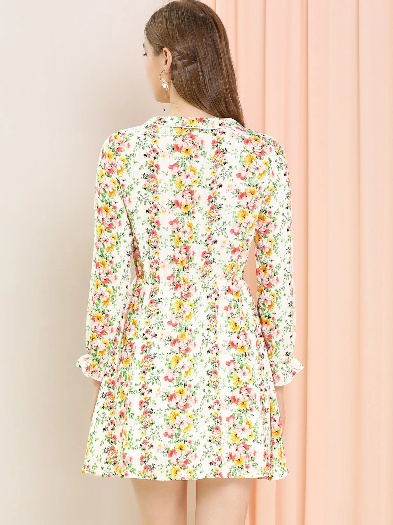 Ruffle Flower Boho 3/4 Sleeve Floral Tie Waist Mini Dress sold by Allegra K product image thumbnail 5