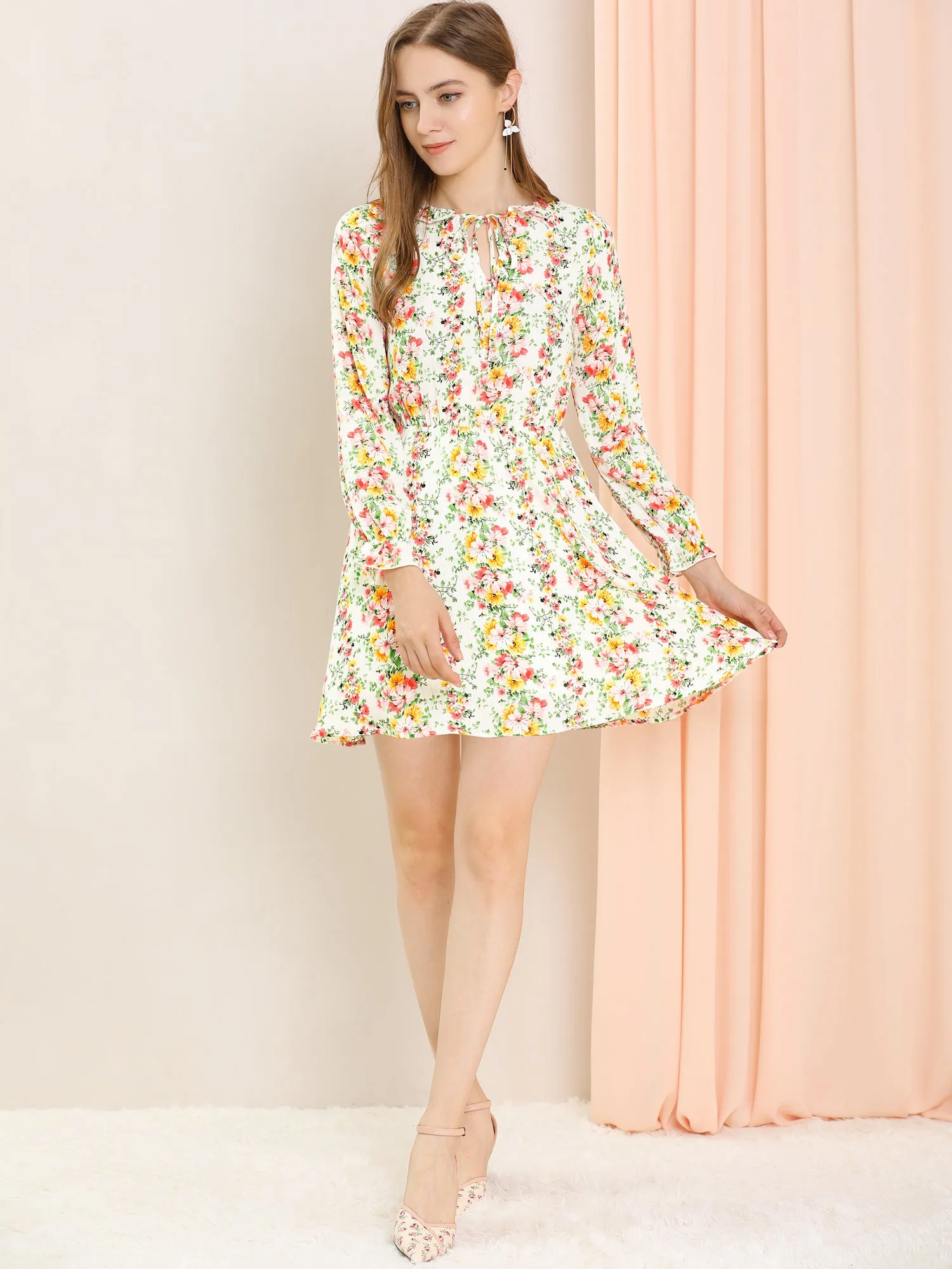 Ruffle Flower Boho 3/4 Sleeve Floral Tie Waist Mini Dress sold by Allegra K product image thumbnail 4