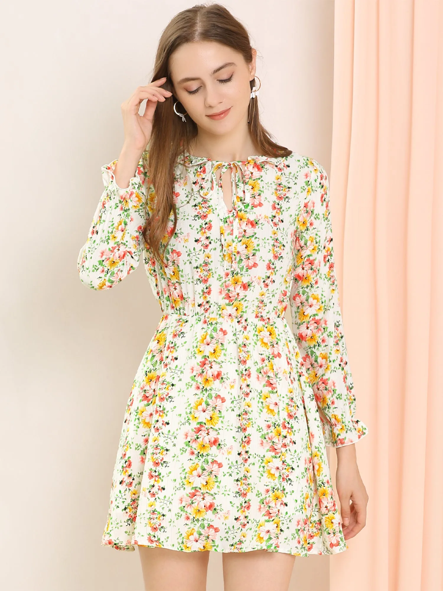 Ruffle Flower Boho 3/4 Sleeve Floral Tie Waist Mini Dress sold by Allegra K product image thumbnail 2