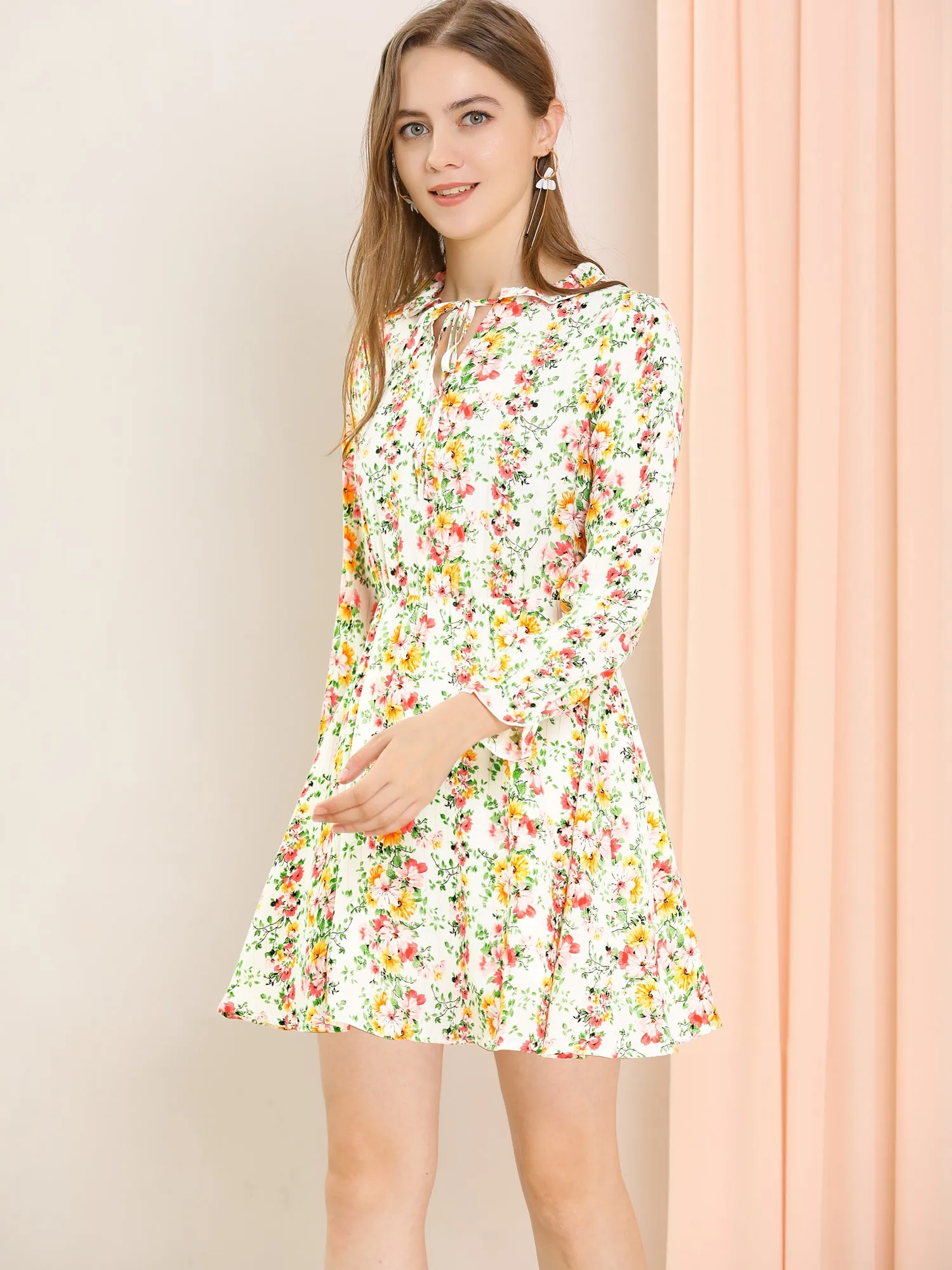 Ruffle Flower Boho 3/4 Sleeve Floral Tie Waist Mini Dress sold by Allegra K product image thumbnail 3