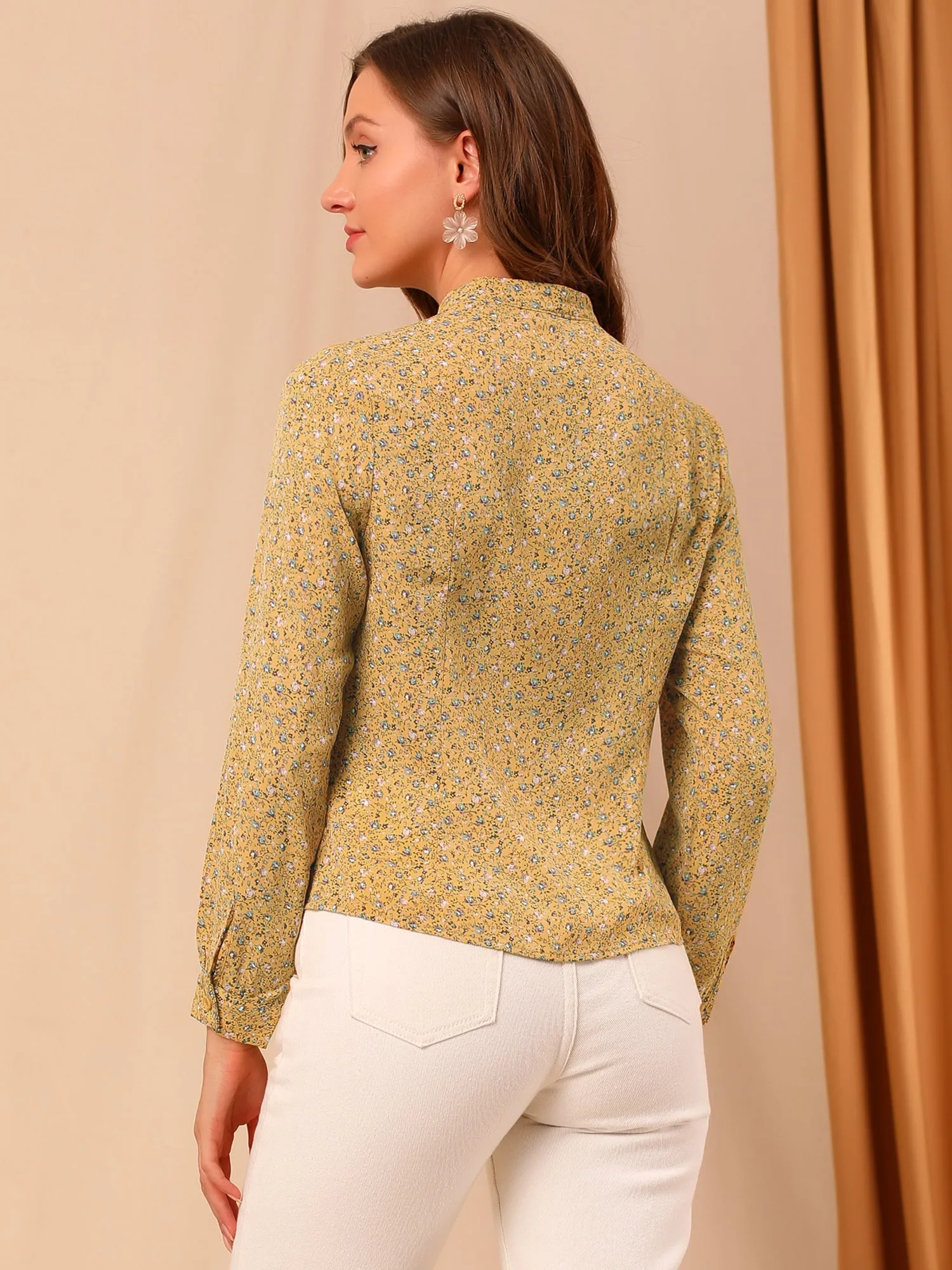 Ditsy Floral Mock Neck Long Sleeve Smocked Chiffon Peasant Blouse sold by Allegra K product image thumbnail 5