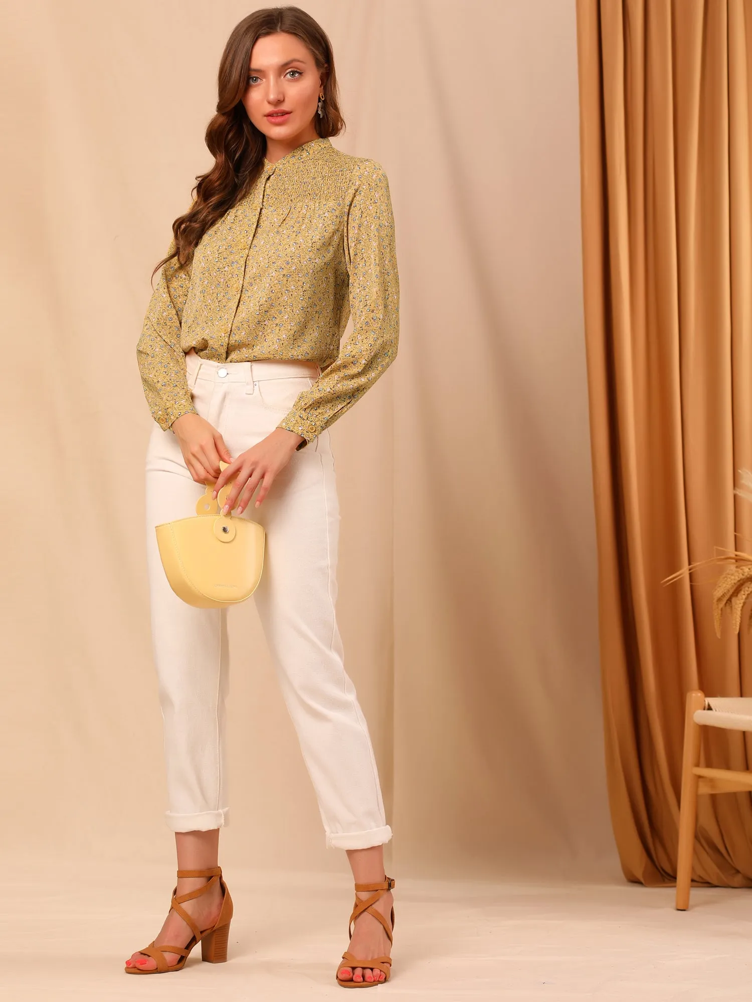 Ditsy Floral Mock Neck Long Sleeve Smocked Chiffon Peasant Blouse sold by Allegra K product image thumbnail 3