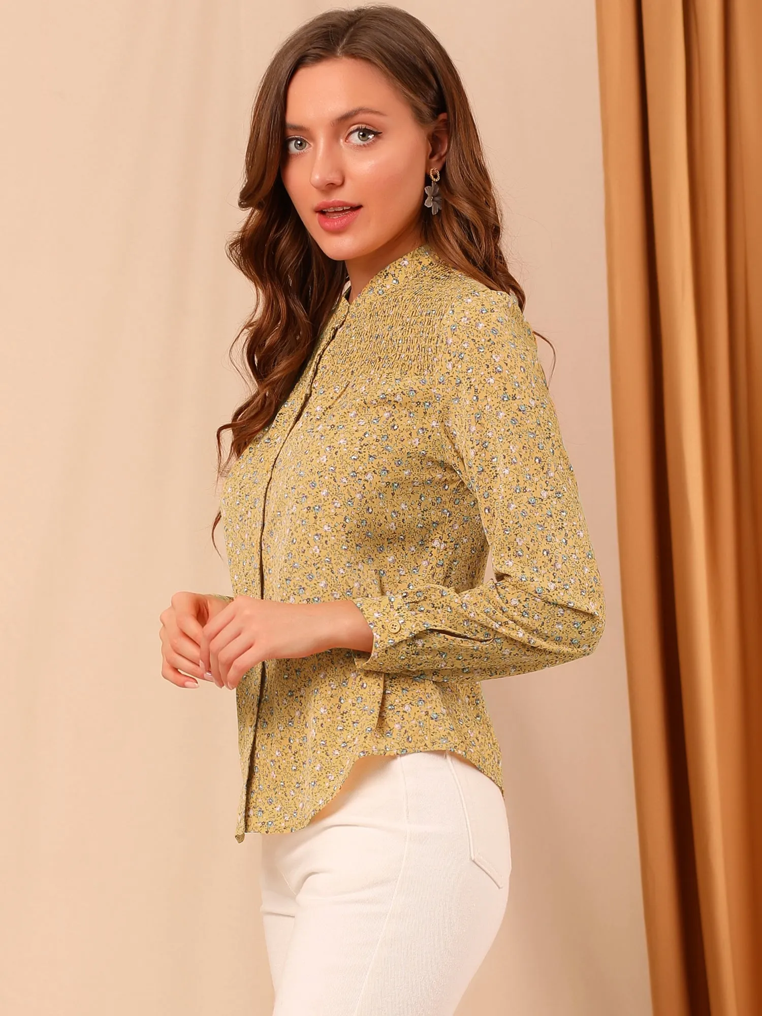 Ditsy Floral Mock Neck Long Sleeve Smocked Chiffon Peasant Blouse sold by Allegra K product image thumbnail 2